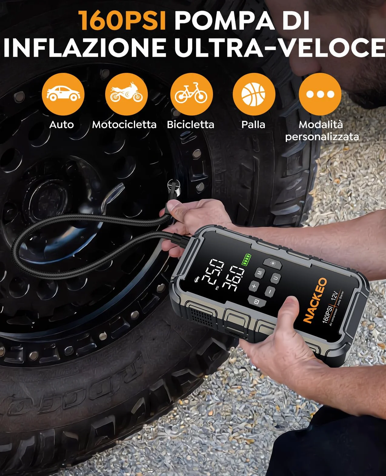 Avviatore Batteria Auto 160PSI 8000A Booster Avviamento 12V con Compressore LED LCD