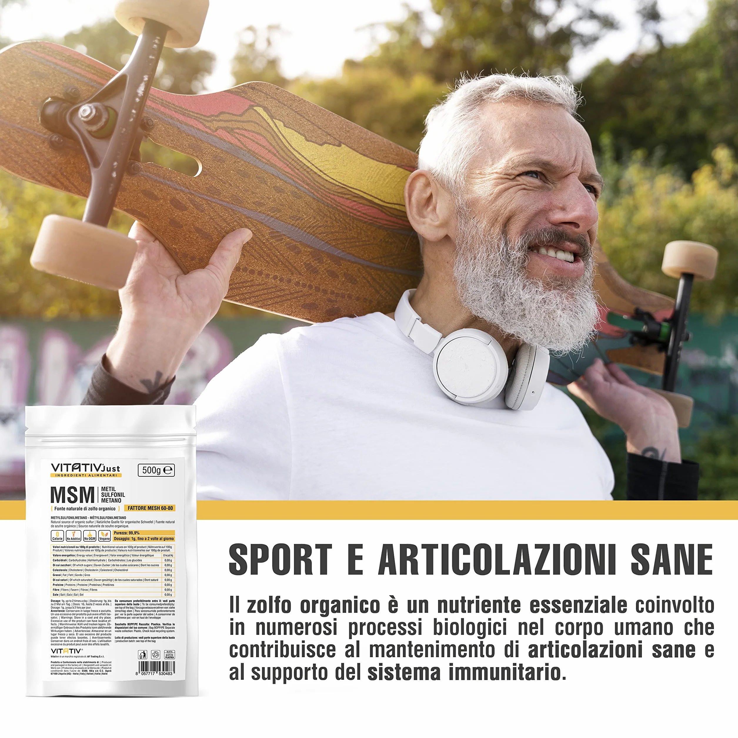 MSM Metilsulfonilmetano In Polvere Puro 99,9% Fattore Mesh 60-80 Zolfo Organico 500gr