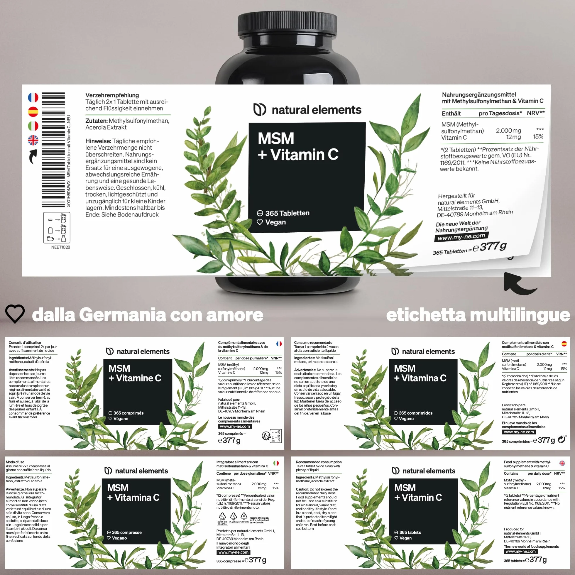 MSM 2.000 mg + Vitamina C Naturale 365 Compresse Metilsulfonilmetano Alto Dosaggio Vegano Testato in Laboratorio