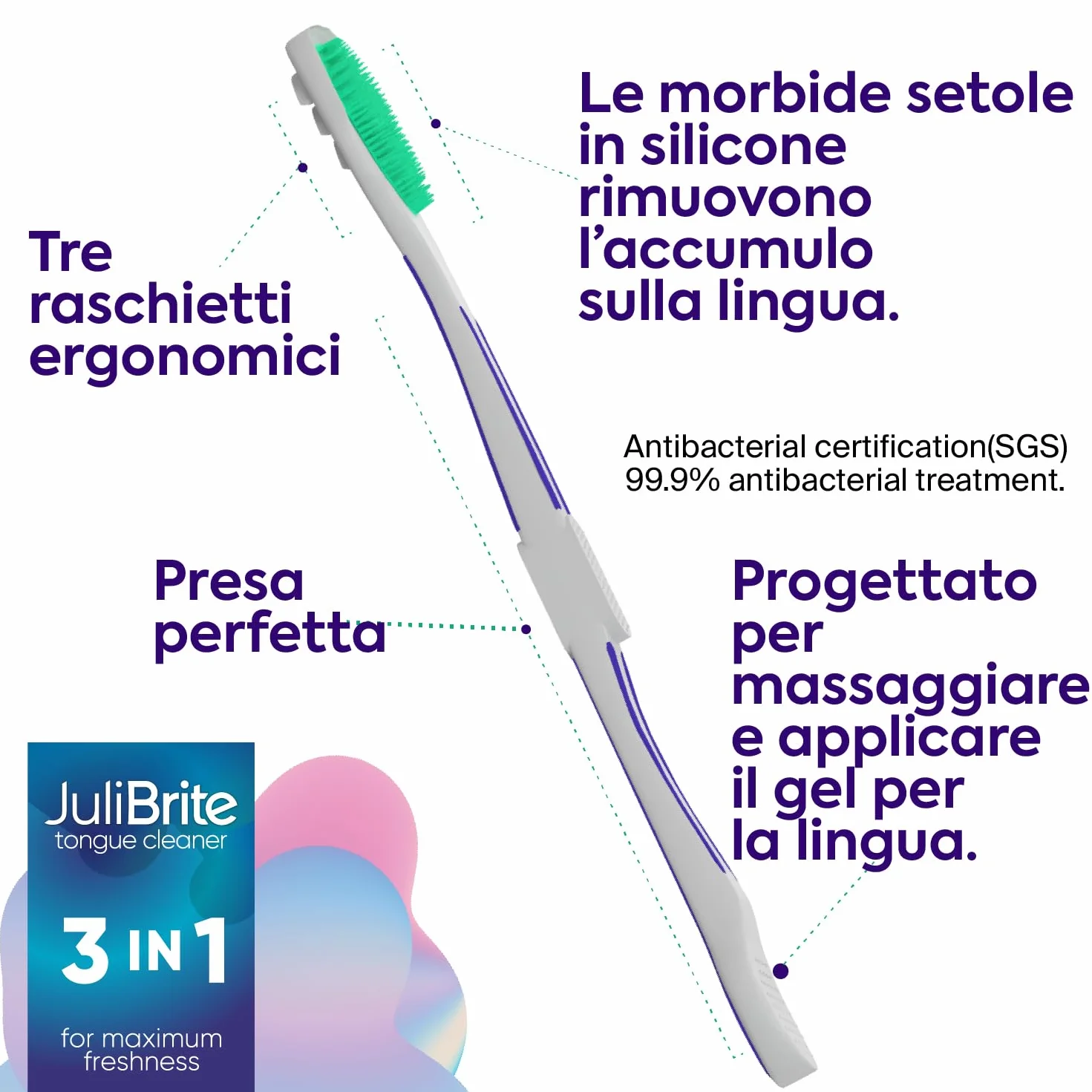 JuliBrite Kit per la pulizia della lingua 50 ml Raschietto lingua Alito fresco