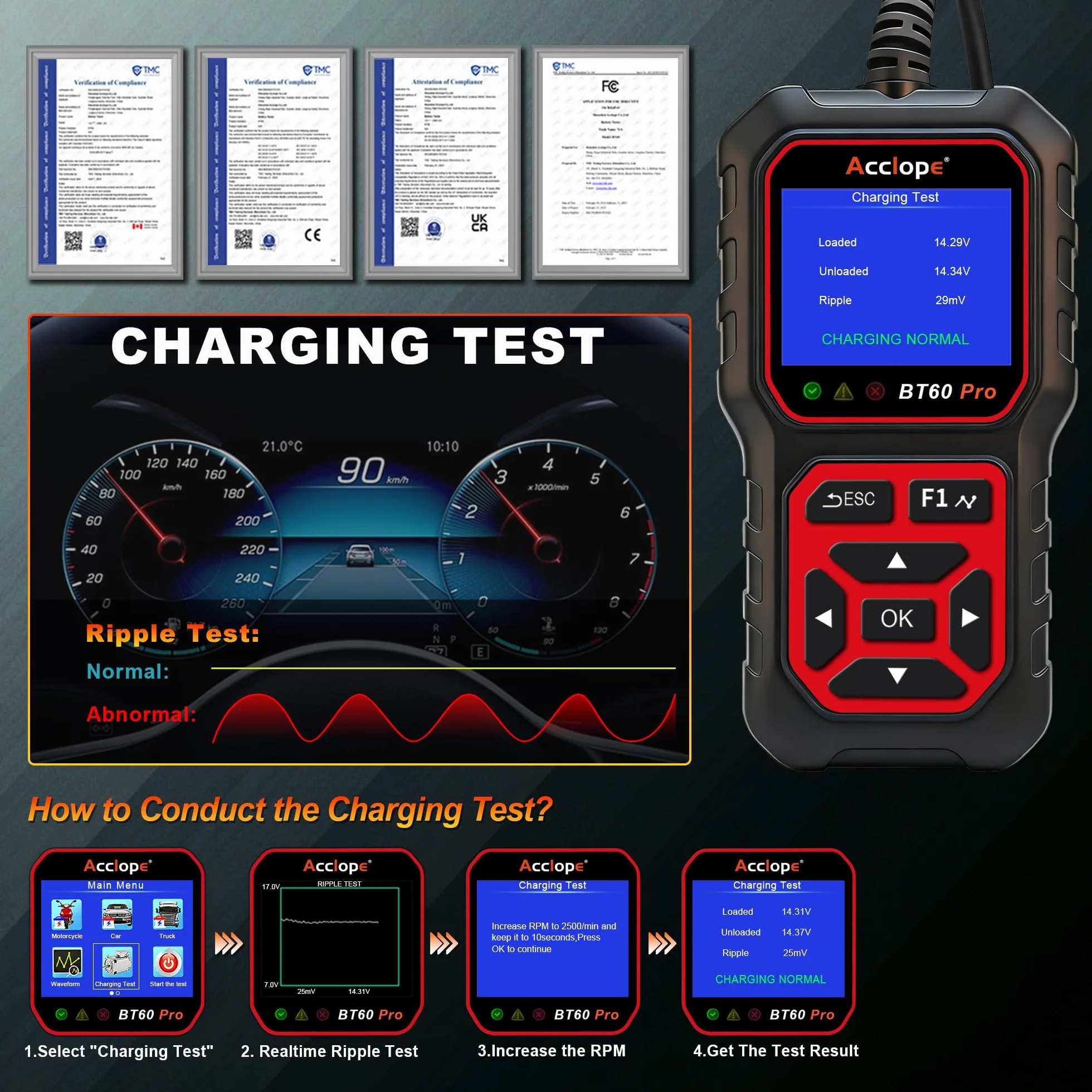 BT60 Pro Tester Digitale per Batterie Auto, CCA 100-3000, Analizzatore 6V 12V 24V, Sistema di Diagnostica Alternatore per Auto, Moto, Camion, Compatibile con AGM, Litio, Gel