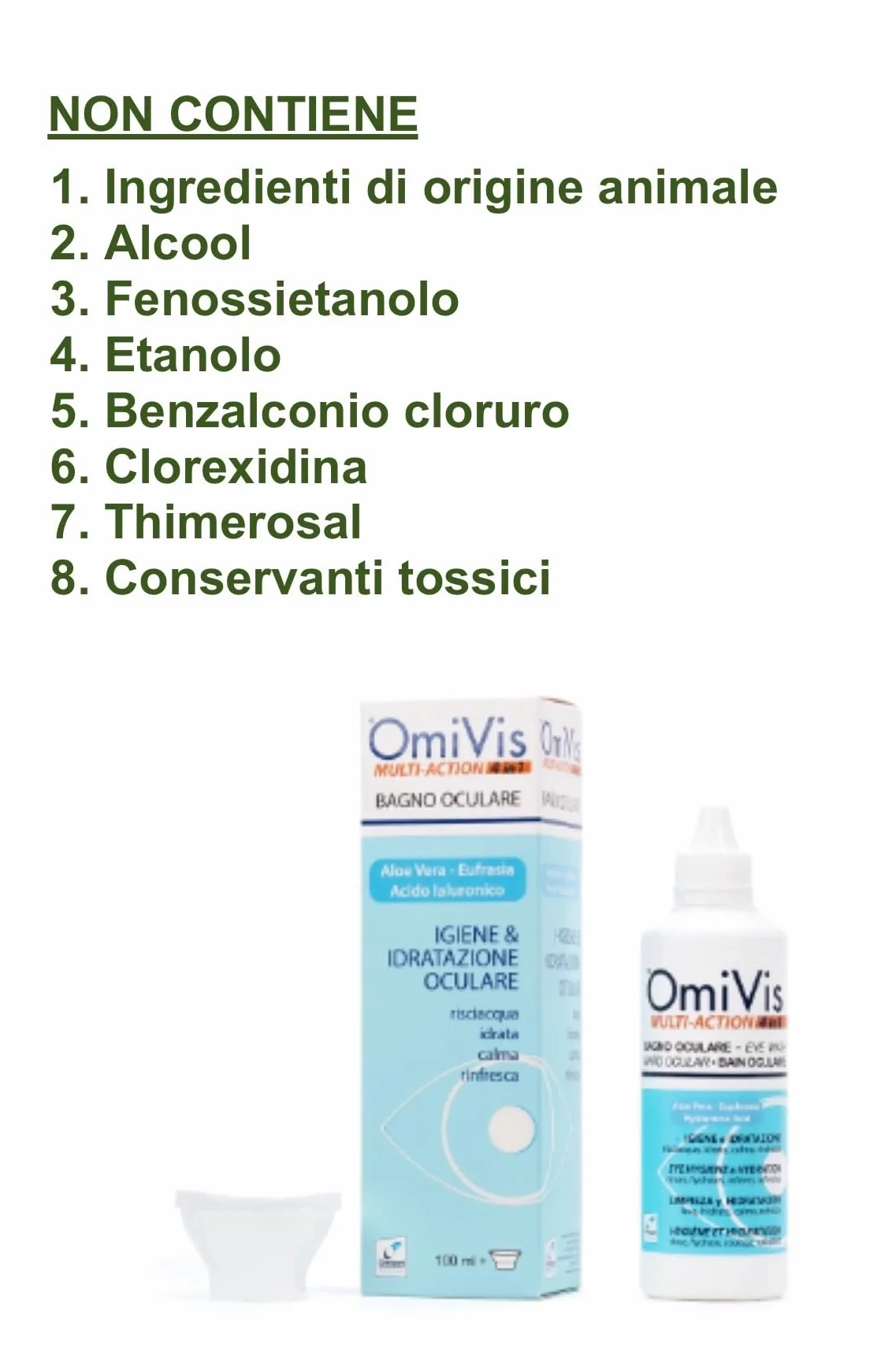 Omivis Bagno Oculare con Acido Ialuronico e Aloe Vera per Igiene e Idratazione, 100 ml