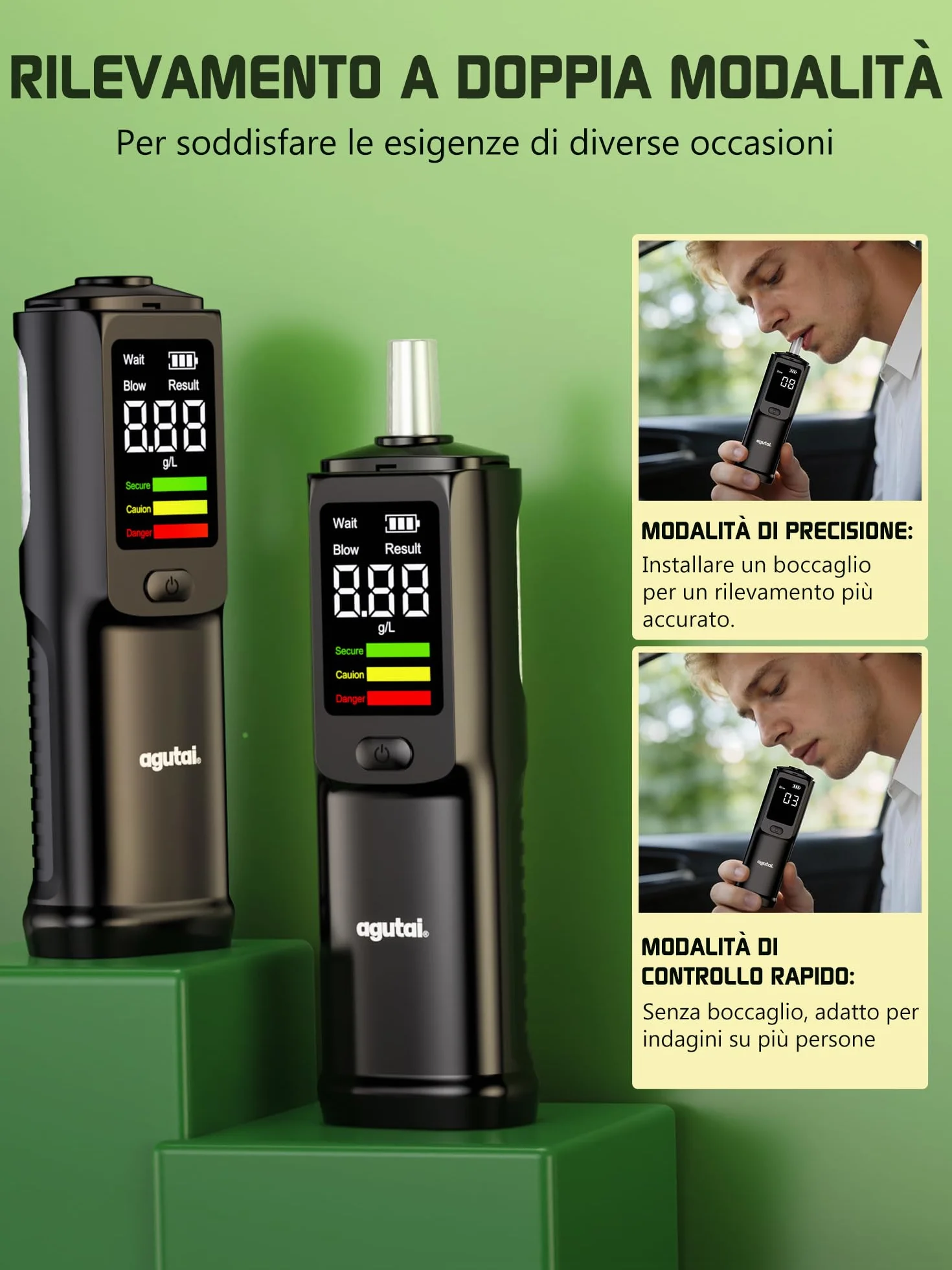 Etilometro Portatile Certificato USB C Ricaricabile Alcol Test con Display LCD - 10 Bocchini