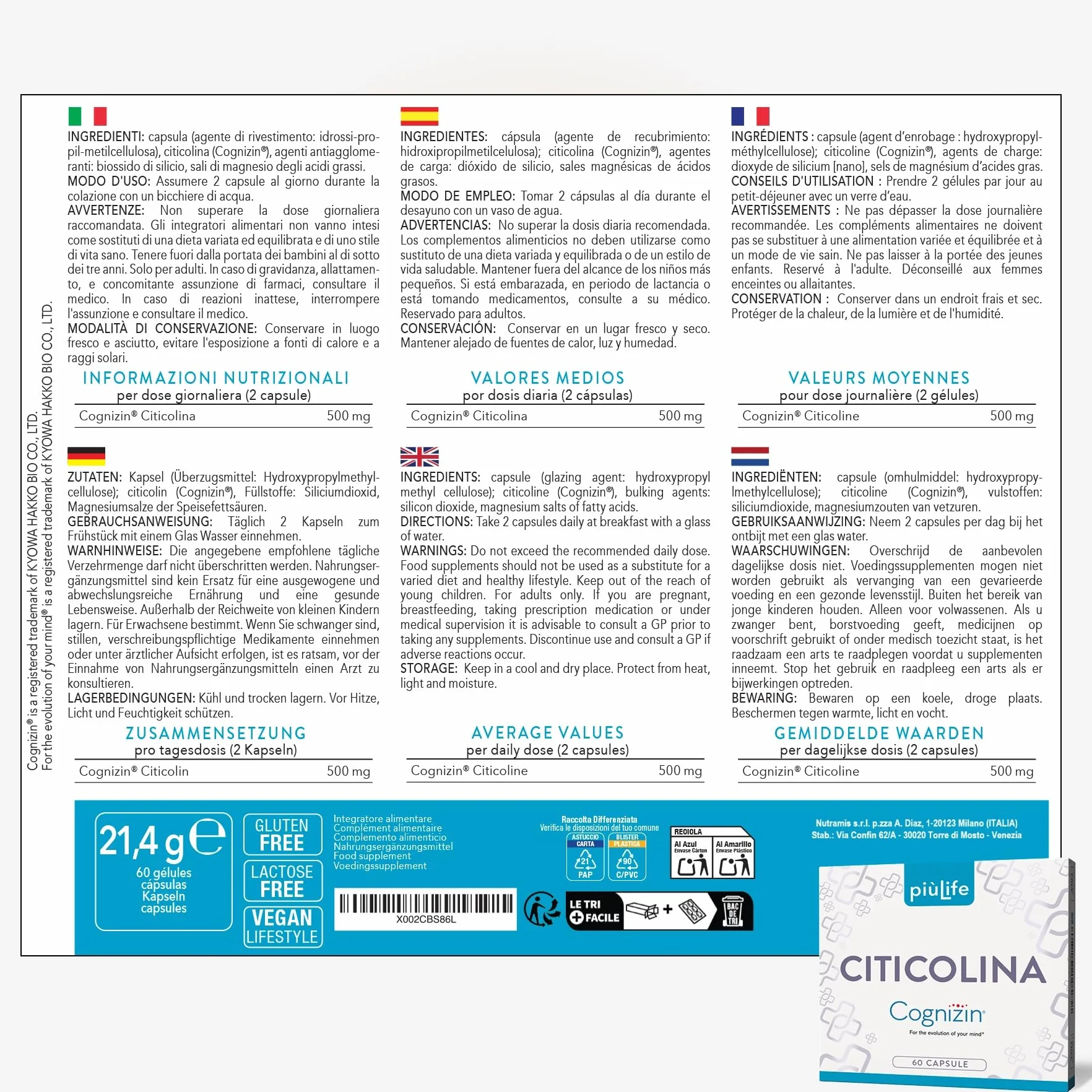 PiùLife Citicolina Cognizin 500 mg Integratore Memoria Concentrazione CDP Colina 2 Capsule