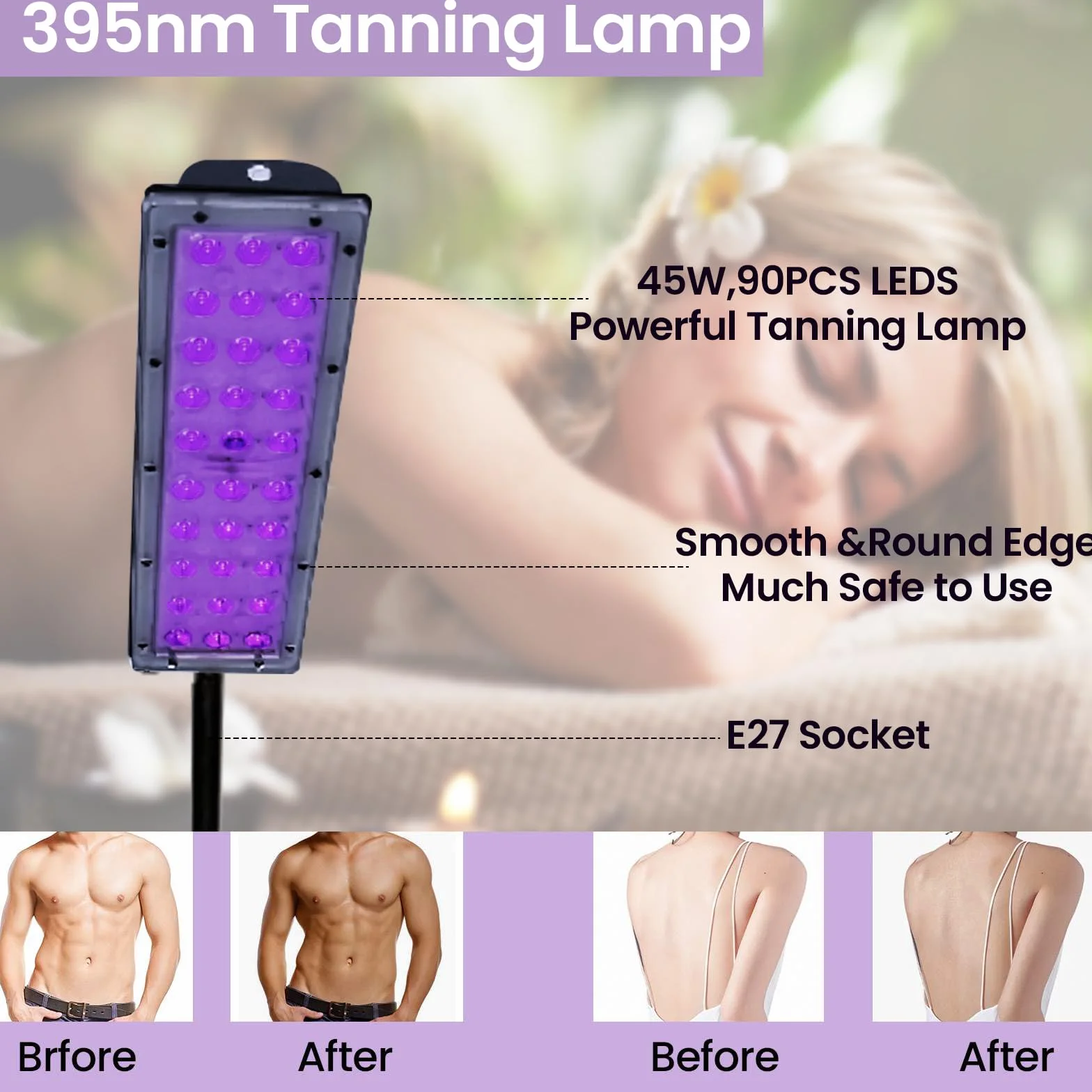 Lampada di abbronzatura 45 W 395 nm UV per viso e corpo con supporto regolabile e protezione occhi