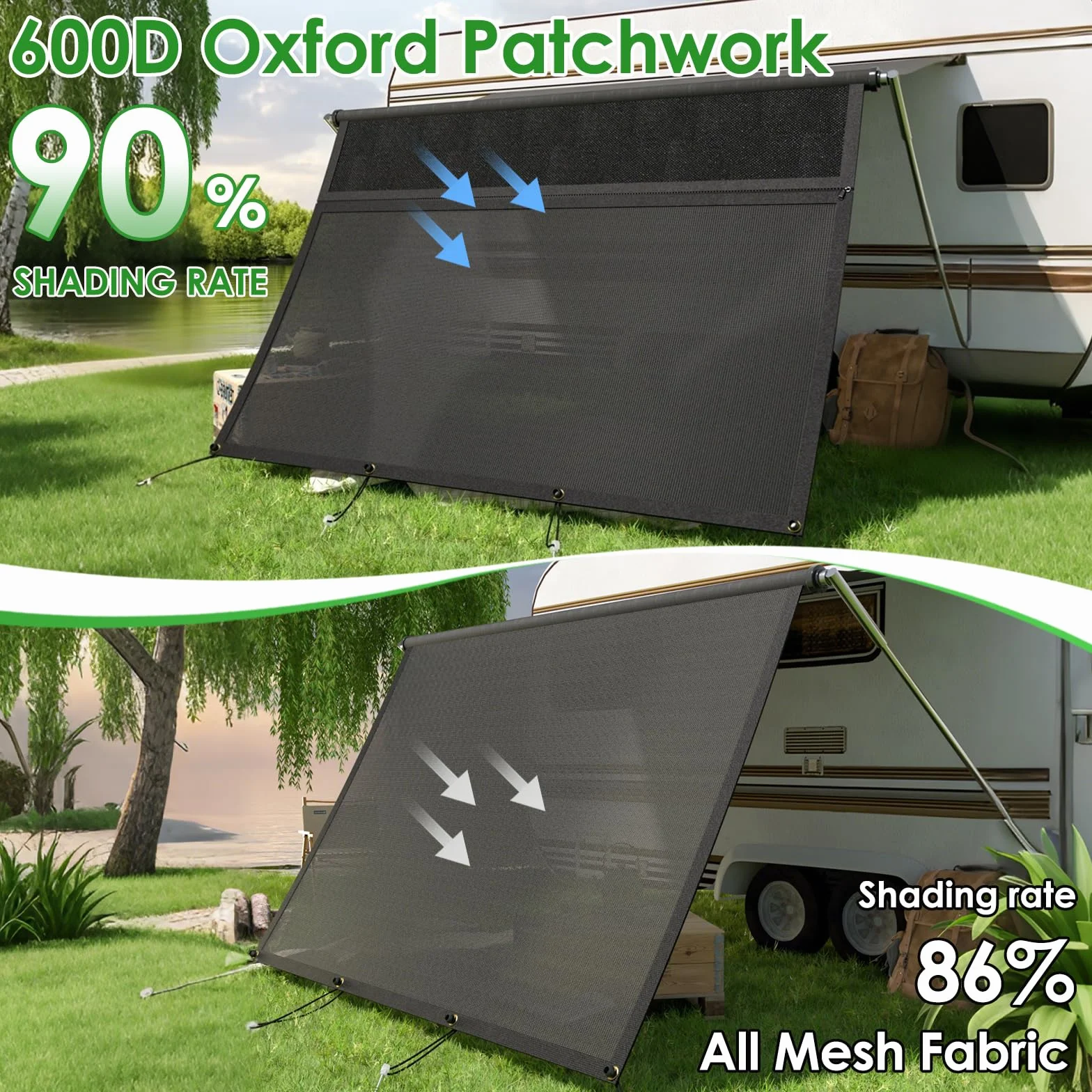 Tenda da sole per camper, con chiusura lampo, finestra panoramica regolabile (tessuto + rete), frangivista e protezione solare universale, con kit completo, altezza 2,2 m (larghezza 2,85 m)