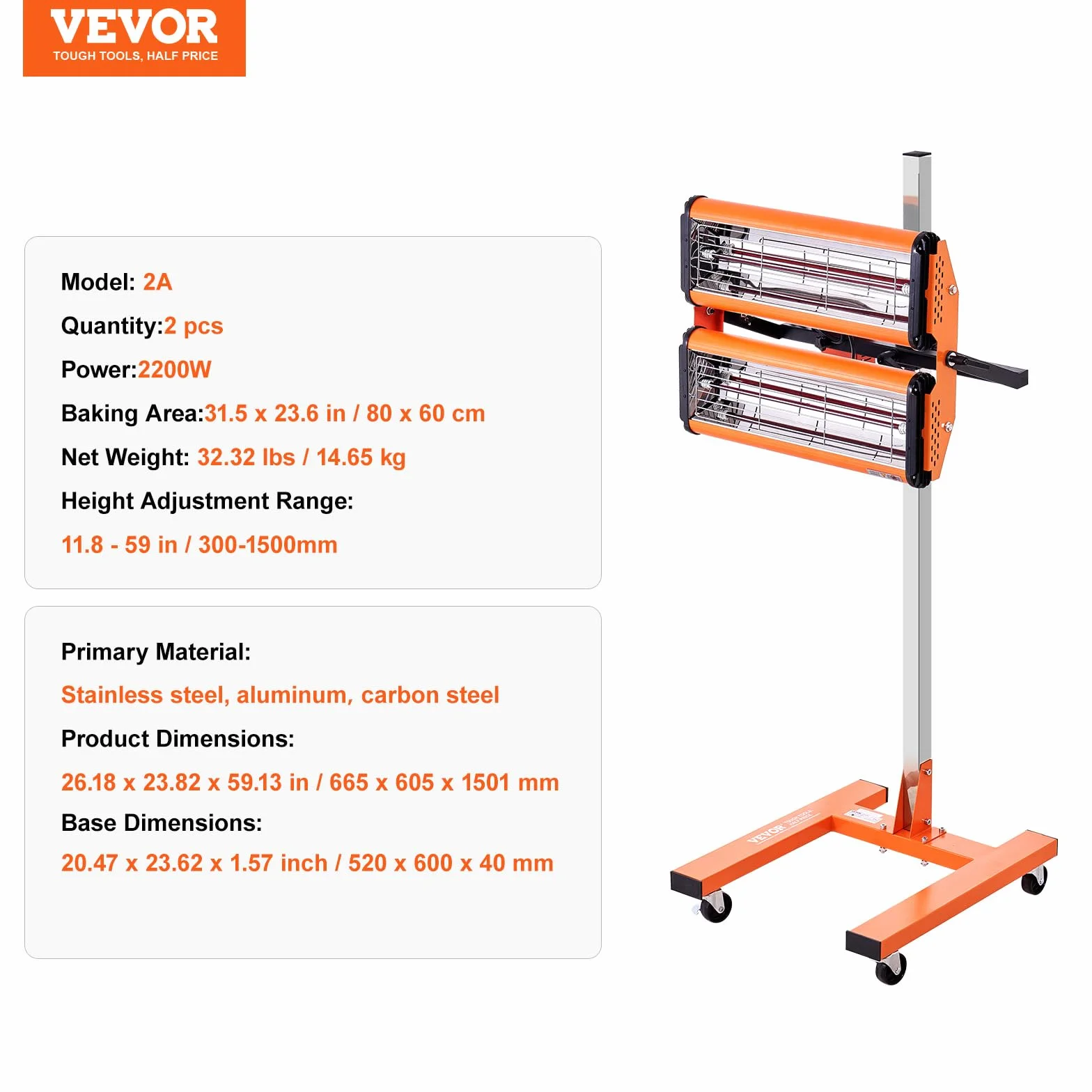 VEVOR Lampada Polimerizzante a Infrarossi 2200 W Temporizzazione 1-60 Minuti Lampada Polimerizzante per Auto con Riscaldamento Automatico con Staffa, per Area di Cottura 0,48 ㎡ per Riparazione in Loco