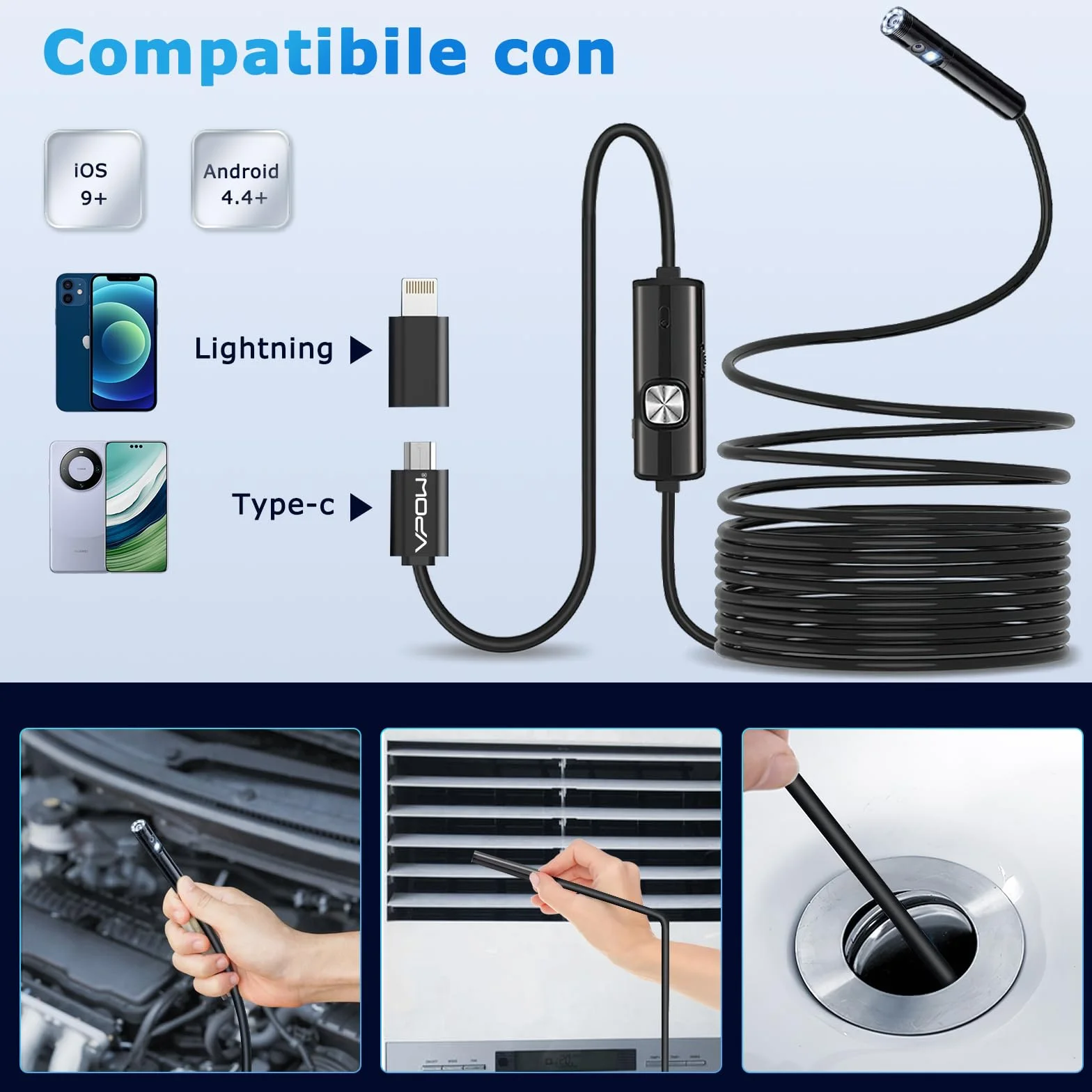 Telecamera Ispezione Endoscopio HD 1920P USB Doppia Lente 5M Cavo Semirigido 8 LED Senza WiFi per iPhone Android iOS