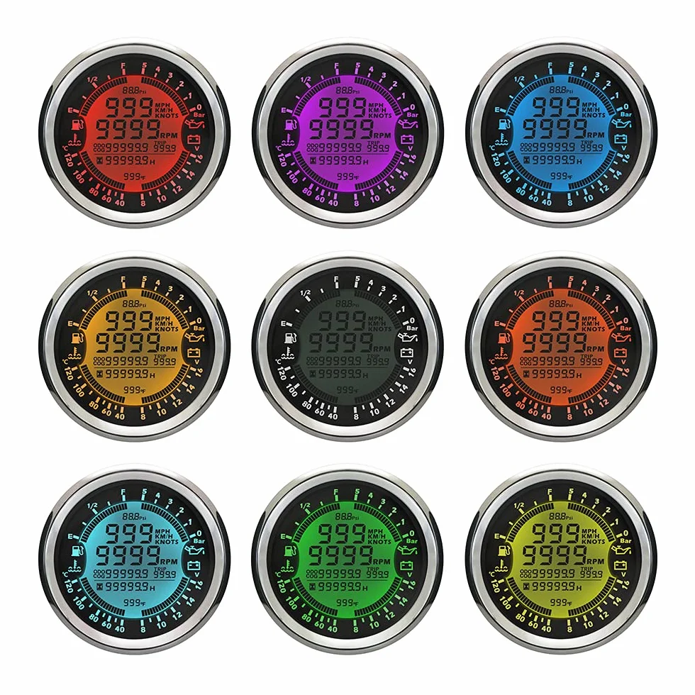 ELING Tachimetro GPS multifunzione Tachimetro Ora Temperatura acqua Livello carburante Voltmetro pressione olio 12V 85mm Con retroilluminazione