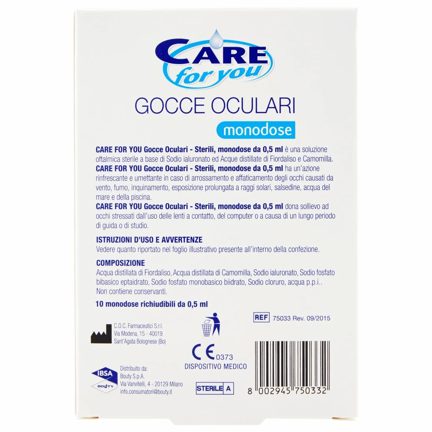 Gocce Oculari Collirio Monodose per Occhi Irritati ed Arrossati, Azione Rinfrescante e Idratante, Acqua Distillate di Fiordaliso e Camomilla, 10 x 0,5 ml