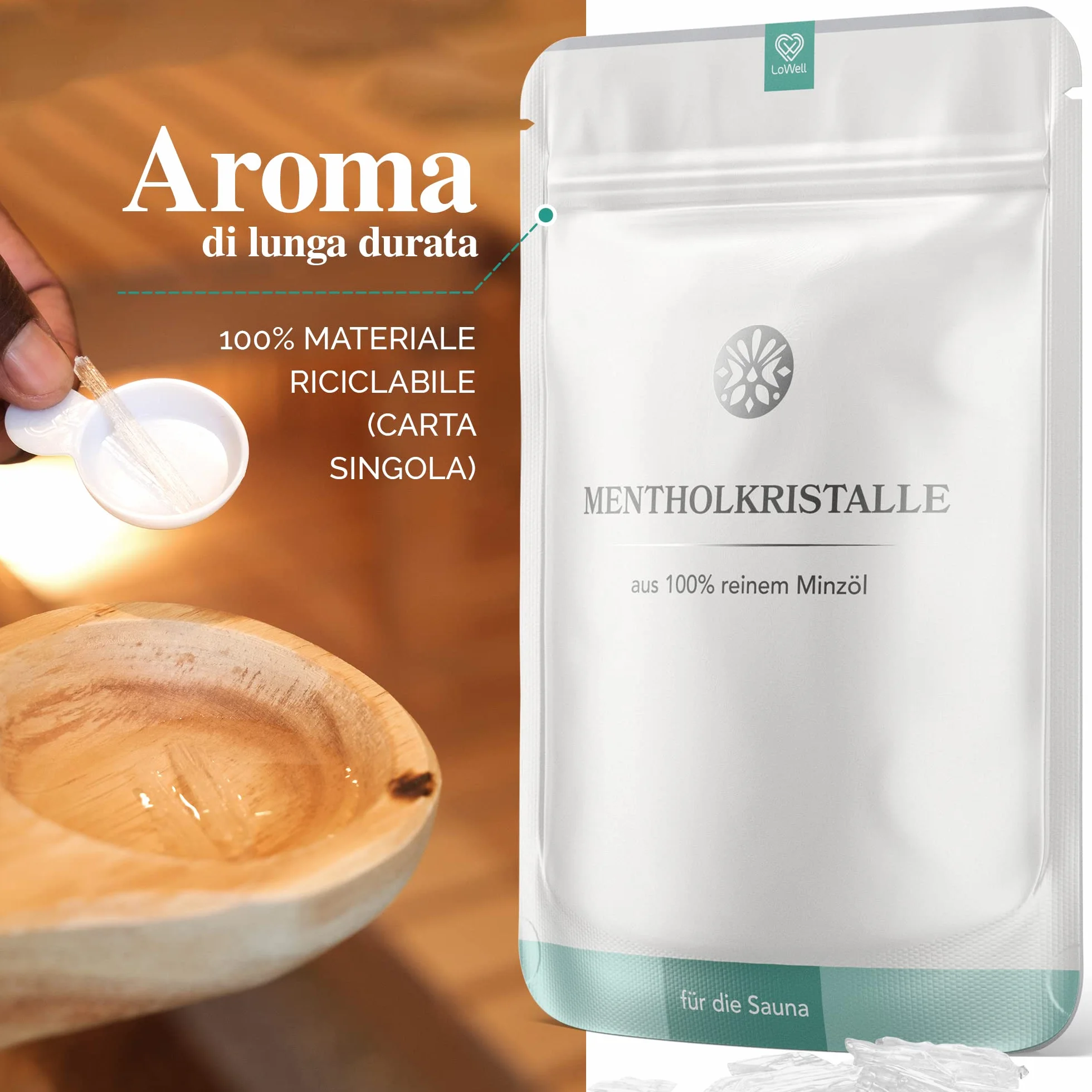 LoWell Cristalli di mentolo 100g menta pura infuso per sauna sacchetti richiudibili