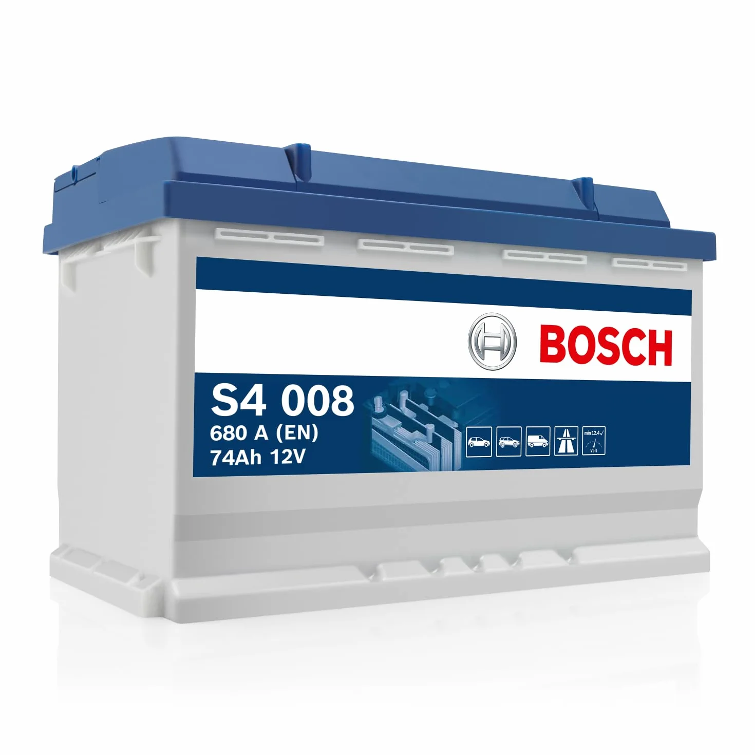 Bosch S4 008 Batteria per Auto 74 A/h - 680 A - 12 V, Batteria al Piombo-Acido per Veicoli senza Sistema Start/Stop, Polarità: Sinistra (-) Destra (+), 278 x 175 x 190 mm