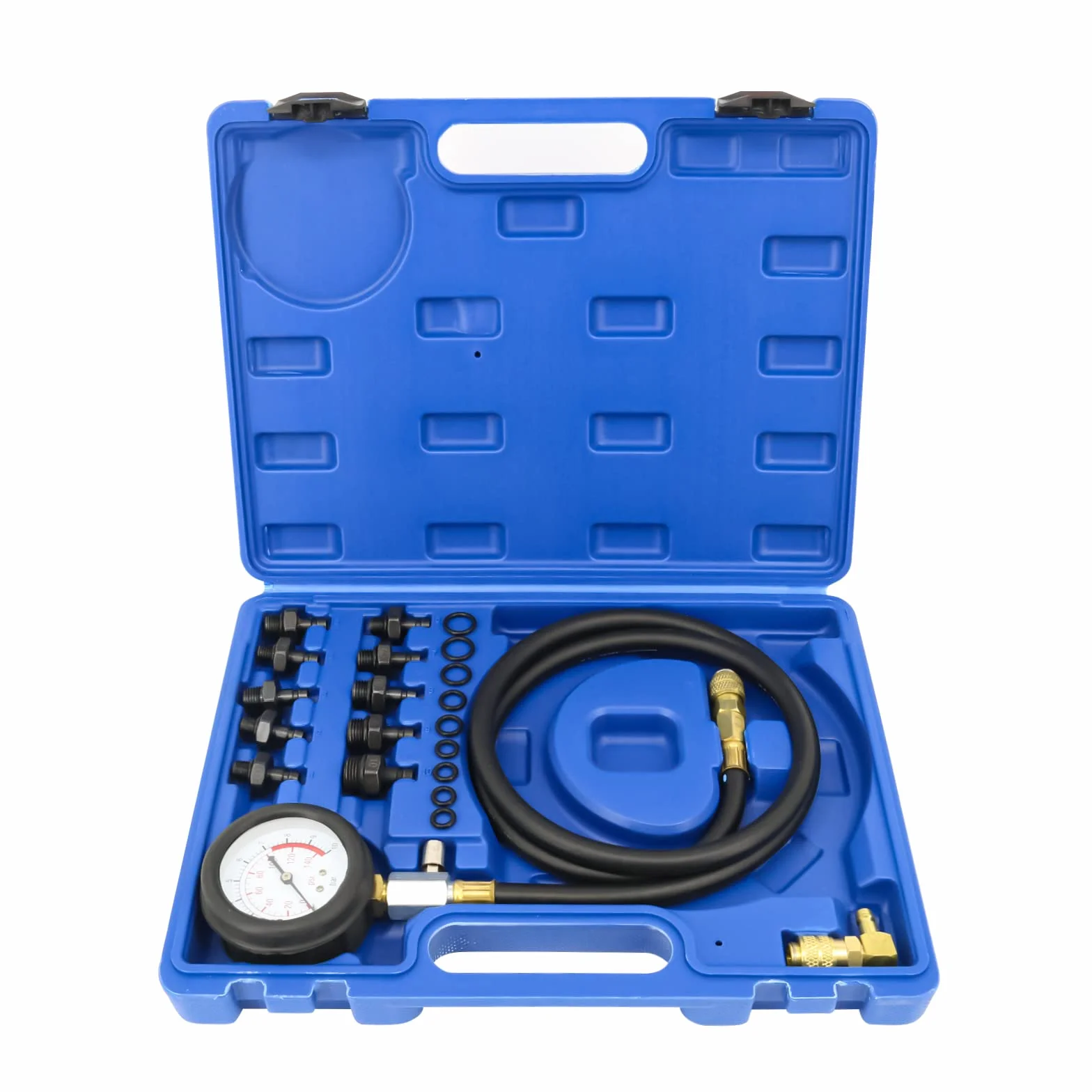 FreeTec Tester Pressione Olio, 0-140 PSI Manometro Pressione Olio Motore, Kit Misurazione Pressioni Oli, Attrezzo Prova Pressioni Oli Auto con Tubo e Adattatori per VW BMW Opel Ford Fiat (Blu)