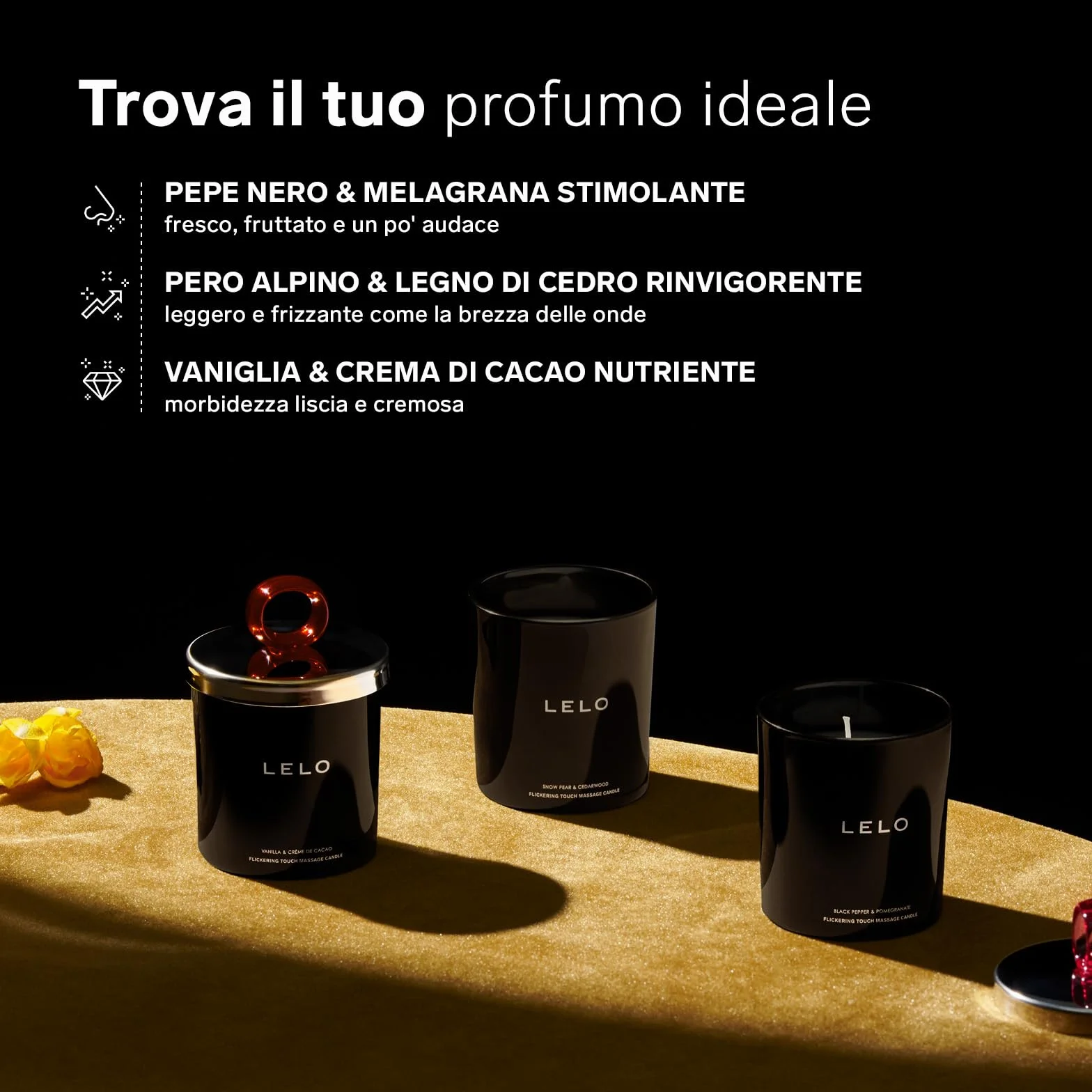 LELO Flickering Touch Candela da Massaggio Corpo, Candela Aromatica alla Pera Alpina e Legno di Cedro