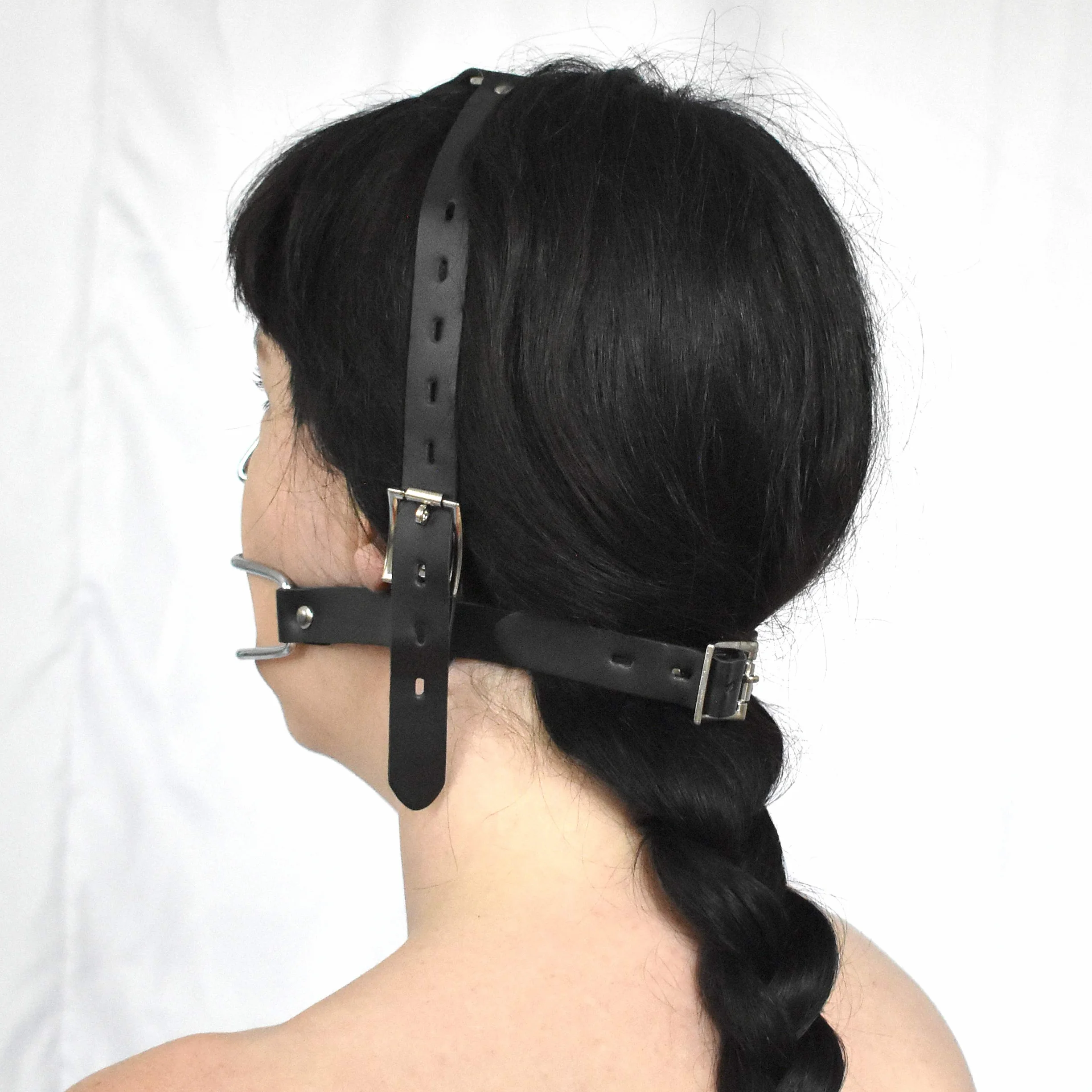 Bavaglio BDSM con gancio nasale e boccale, imbracatura testa bloccabile similpelle, accessorio Bondage regolabile
