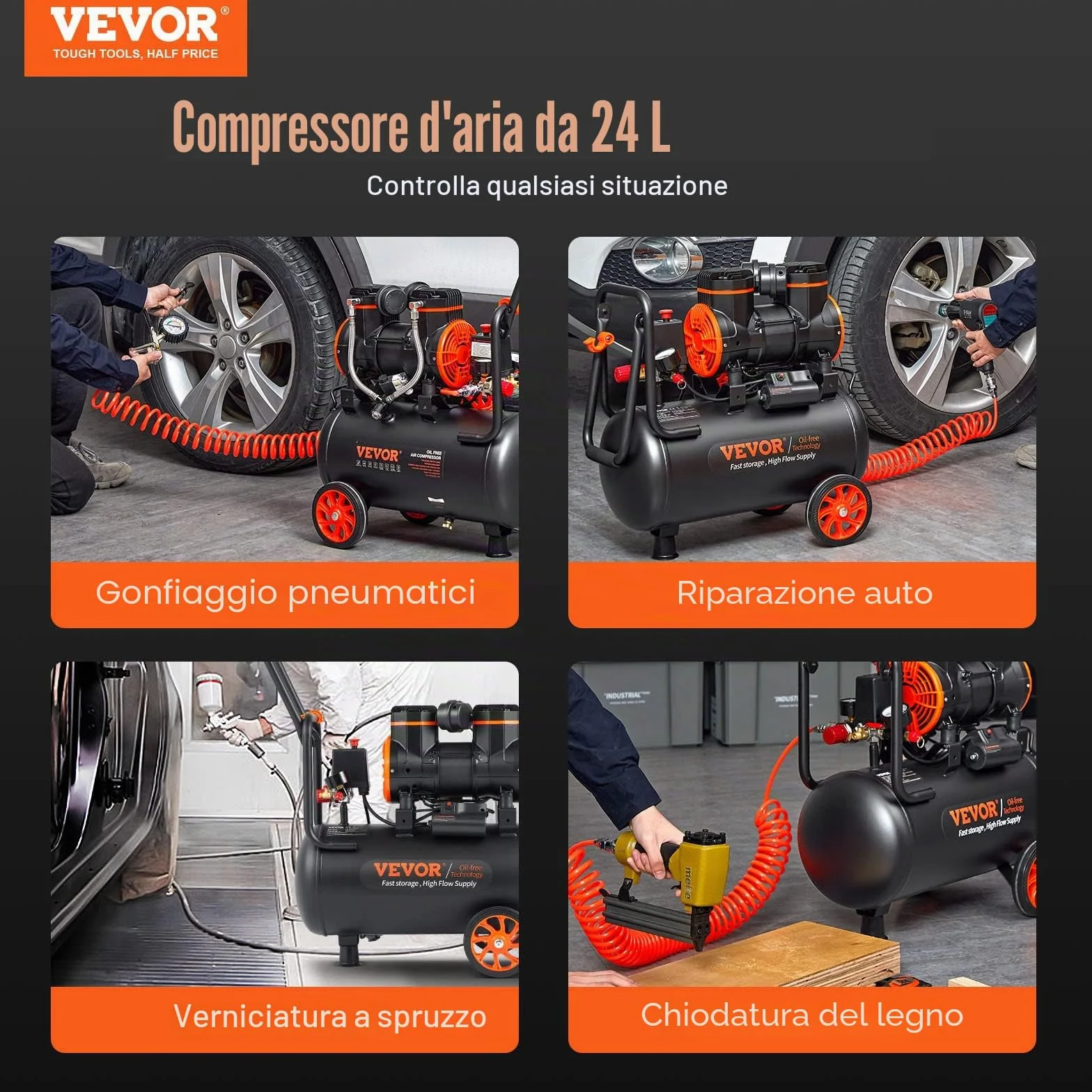 VEVOR Compressore d'Aria 24L Portatile Senza Olio Motore 1450W Velocità 2800 giri/min per Aerografo Inchiodatura, Compressore d'Aria a Secco Portatile Rumore 70dB 2 Silenziatori Temperatura -50℃ - 40℃