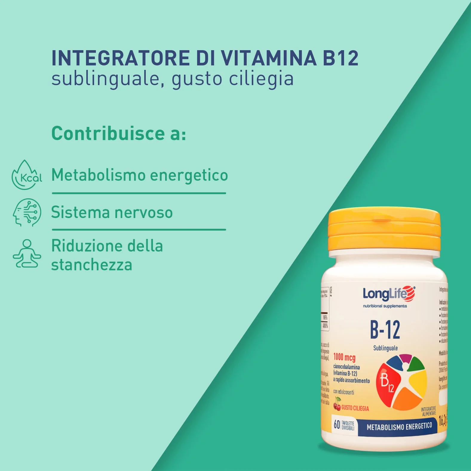 LongLife B12 1000 mcg Vitamina B12 Sublinguale 60 Tavolette Vegano Senza Glutine