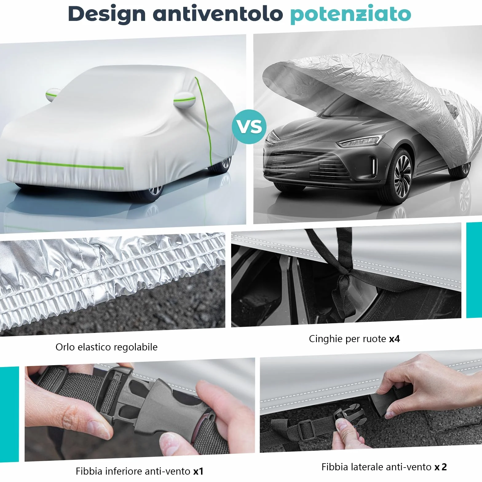 Telo Copriauto Impermeabile Anti UV Anti Vento e Antipolvere con Zip Laterale, Telo per Auto 460x185x160 cm Argento per Mid-size Car (Segmento D)