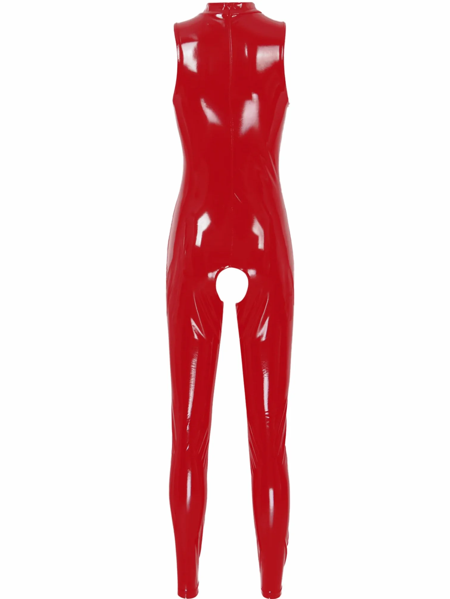 Donna Look Bagnato Pelle Verniciata Catsuit Apertura Inguine Senza Maniche Body Traforato