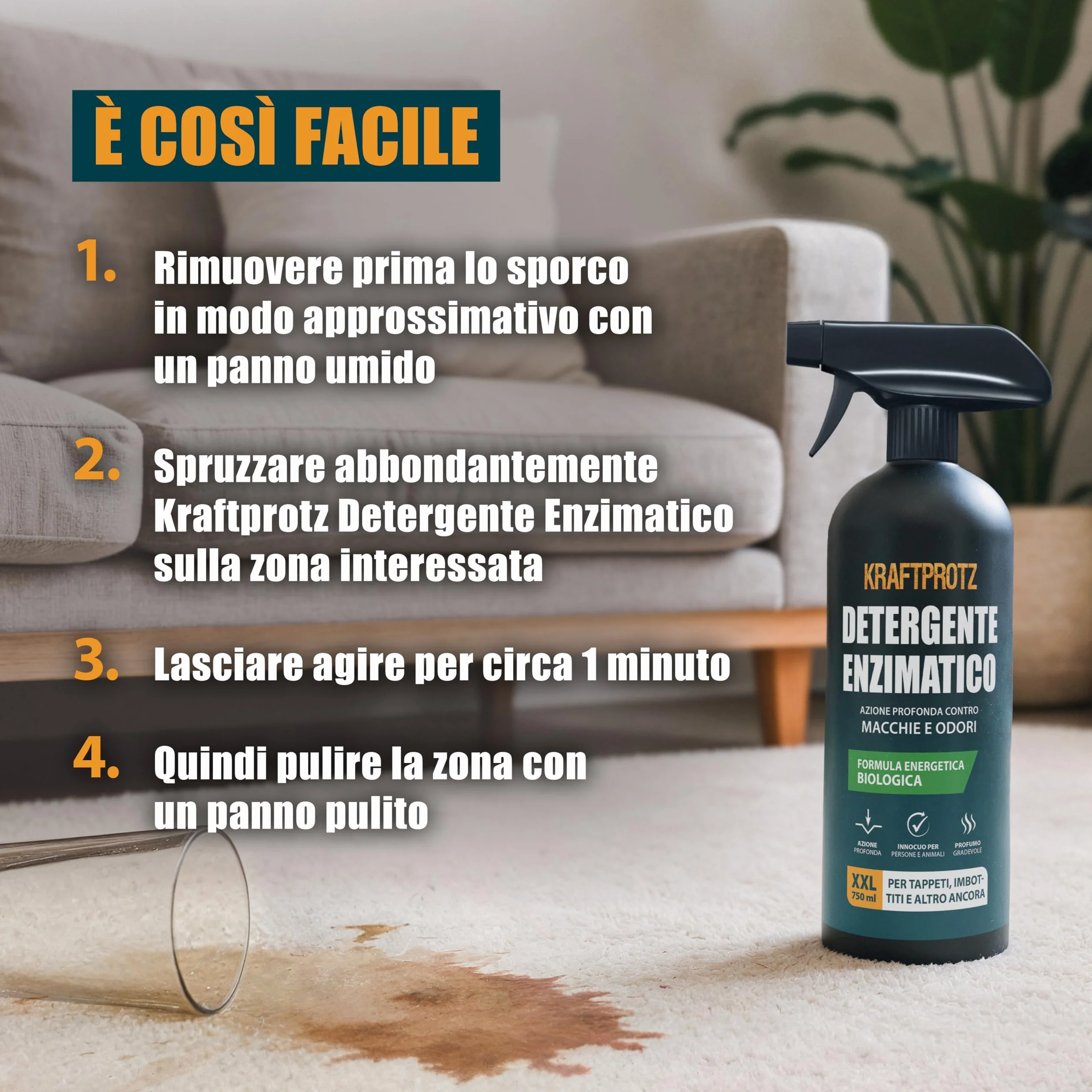 KRAFTPROTZ Detergente enzimatico 750 ml rimuove macchie odori urina sudore tappeti tessuti materassi