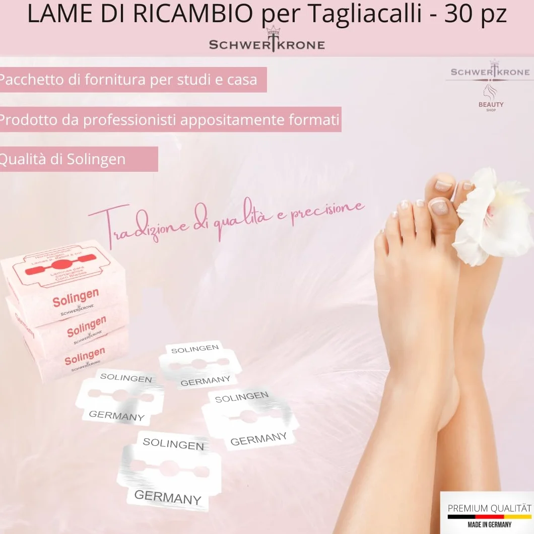 SCHWERTKRONE® Lame per Pedicure 30 Pezzi Made in Germany Solingen - Rimozione Calli, Lama Affettacalli, Tagliacalli, Raspa, Gratta Talloni