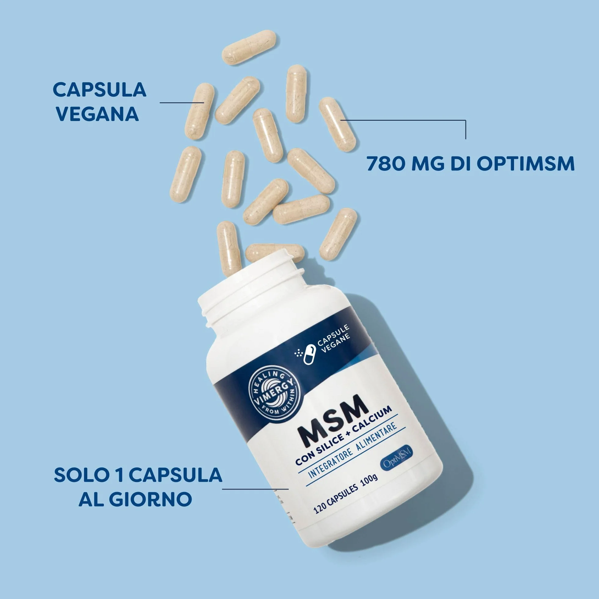 Vimergy MSM 780MG Capsule (120 Pezzi) – Integratore con Calcio e Silice – Capsula Vegana Senza OGM, Glutine o Gelatina - Kosher
