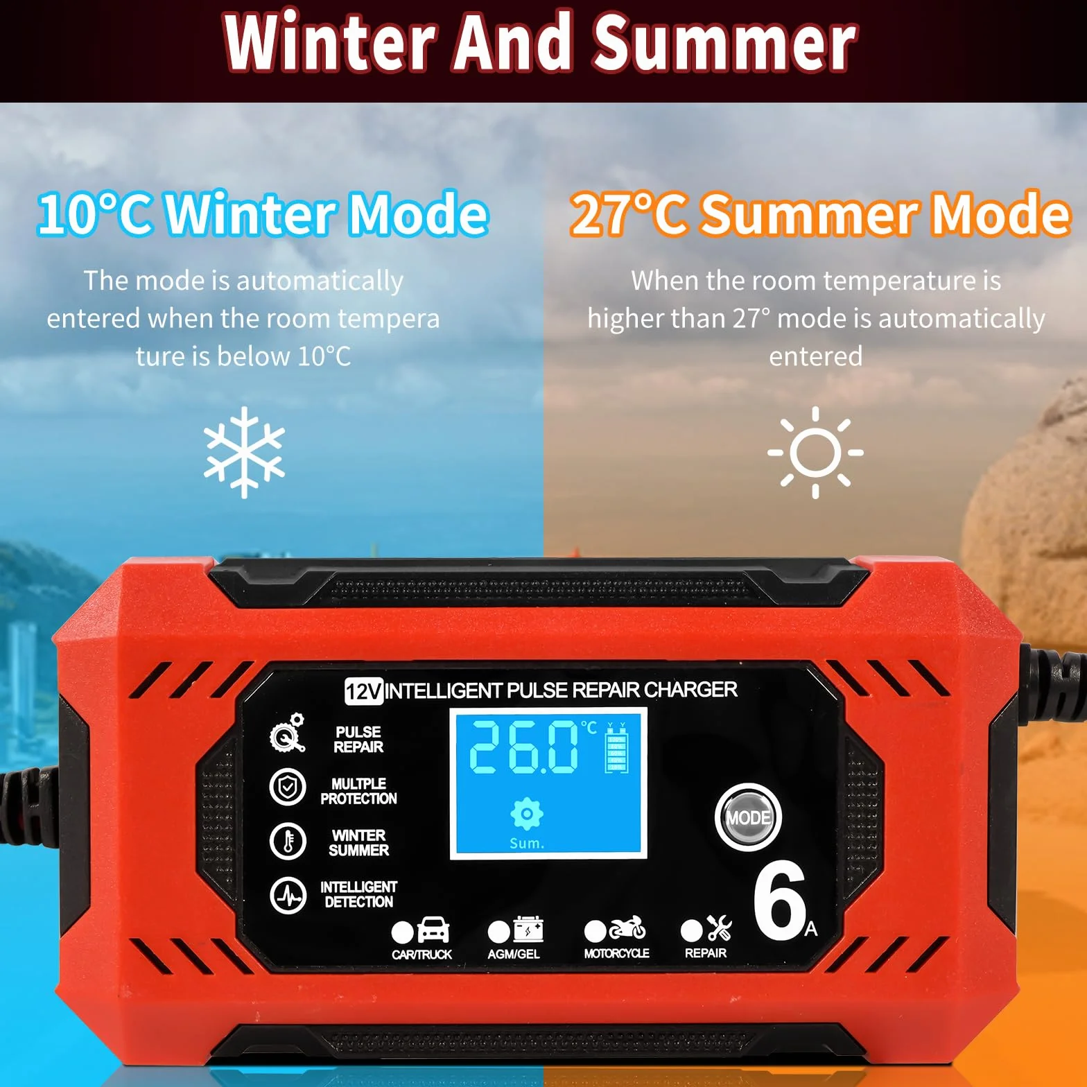 Caricabatterie Auto 6A 12V Mantenitore Batteria Moto con Schermo LCD per Auto Moto Barche AGM