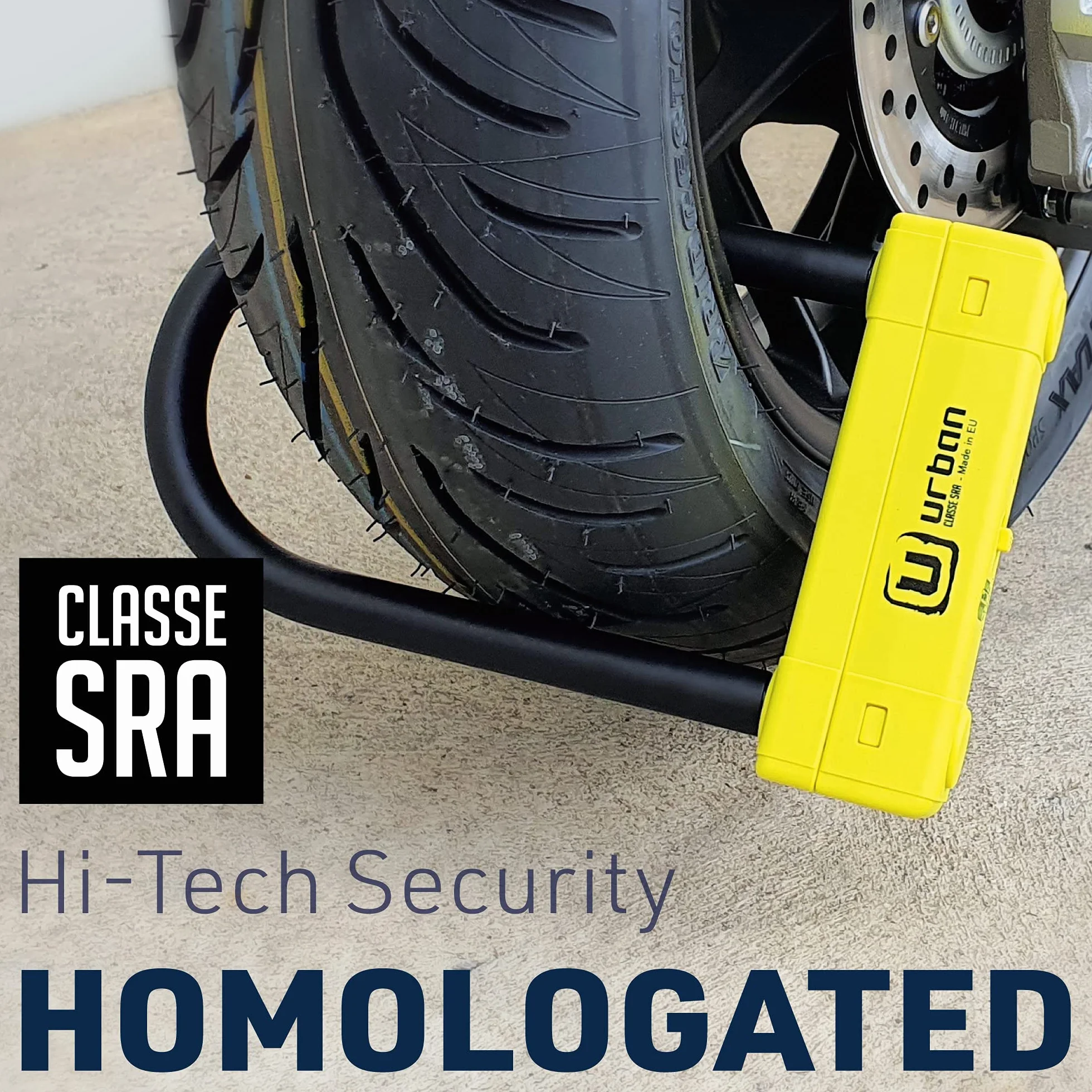 URBAN UR120220 Lucchetto a U per Moto Massima Sicurezza Omologato SRA, Arco ø18 Acciaio Temprato Doppio Blocco, Più Visibile, Antifurto a U lock 120x220mm Più Versatile per Blocco Pneumatico Moto