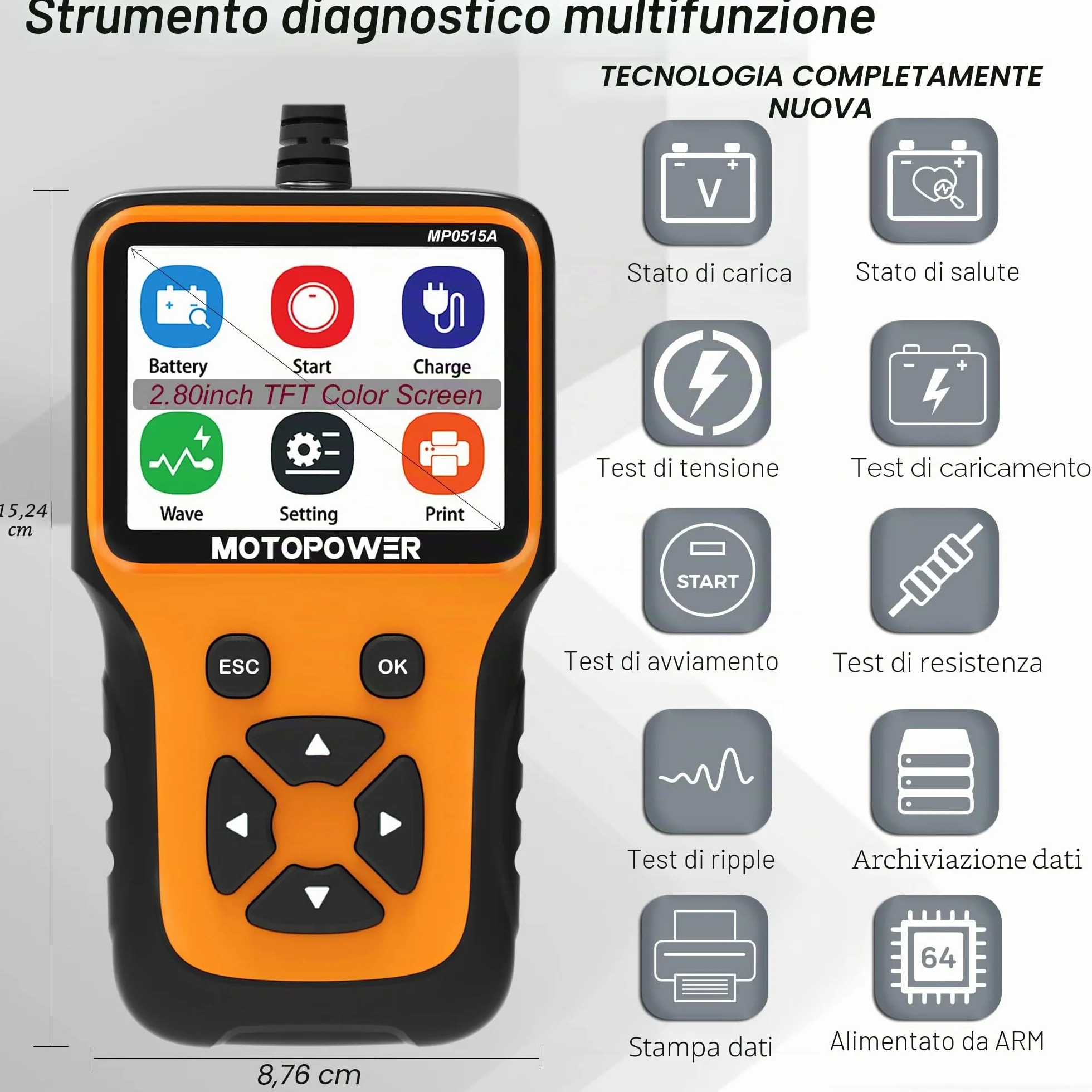 MOTOPOWER MP0515A 12V Tester di carica della batteria dell'auto e analizzatore dell'alternatore