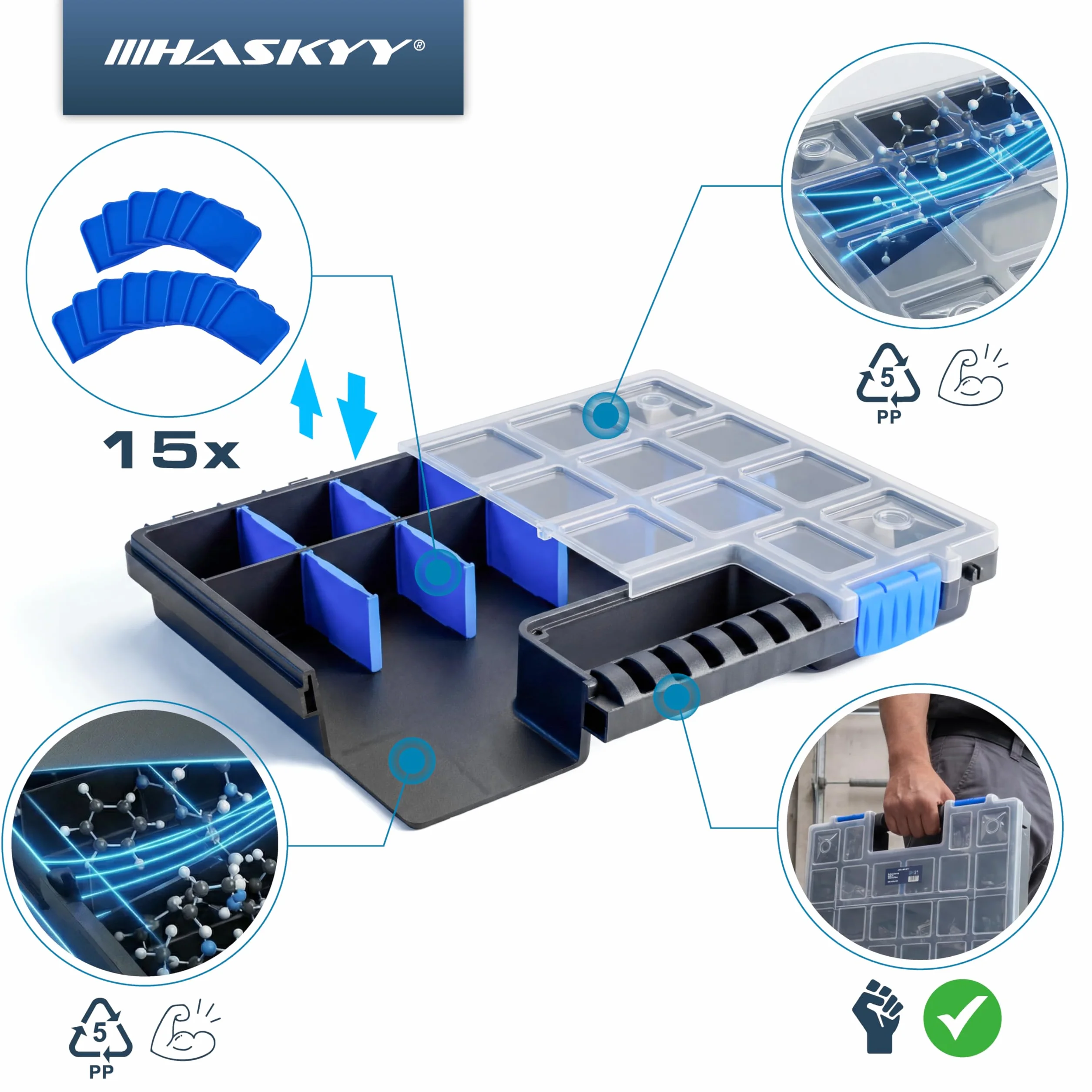 HASKYY 225 Contrappesi assortiti da 5 a 30g per equilibratura ruote in ferro auto compreso l'organizzatore/scatola di assortimento