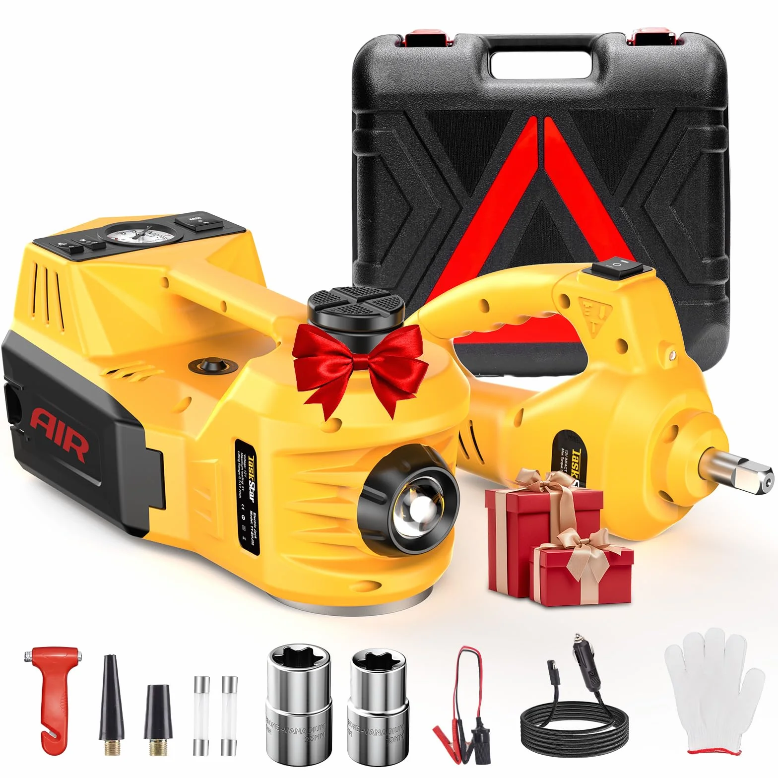 TaskStar Cric idraulico elettrico 12V 5 Ton per auto, portata 15,5-45 cm con chiave e gonfiatole