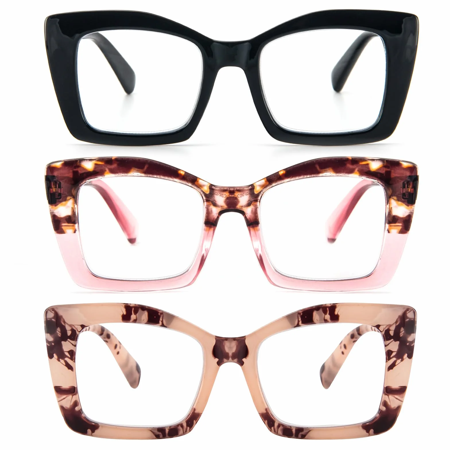 KoKoBin Occhiali da lettura quadrati Oversized con cerniere a molla per computer 3 Pack (Nero/Rosa Leopardo/Leopardo Rosa, Diottria)