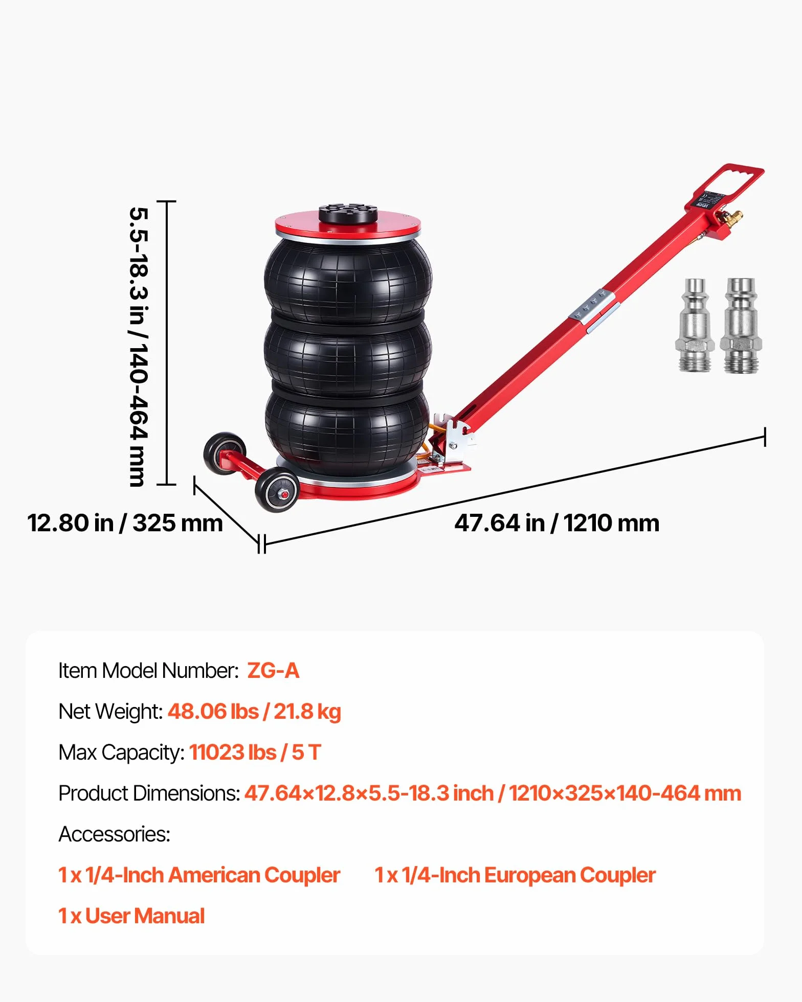 VEVOR Cric Pneumatico per Auto da 5 Tonnellate con 6 Tubi in Acciaio e Manico Lungo Regolabile, Altezza di Sollevamento da 140 a 464 mm, Sollevamento Rapido, Cric Pneumatico per Auto, SUV