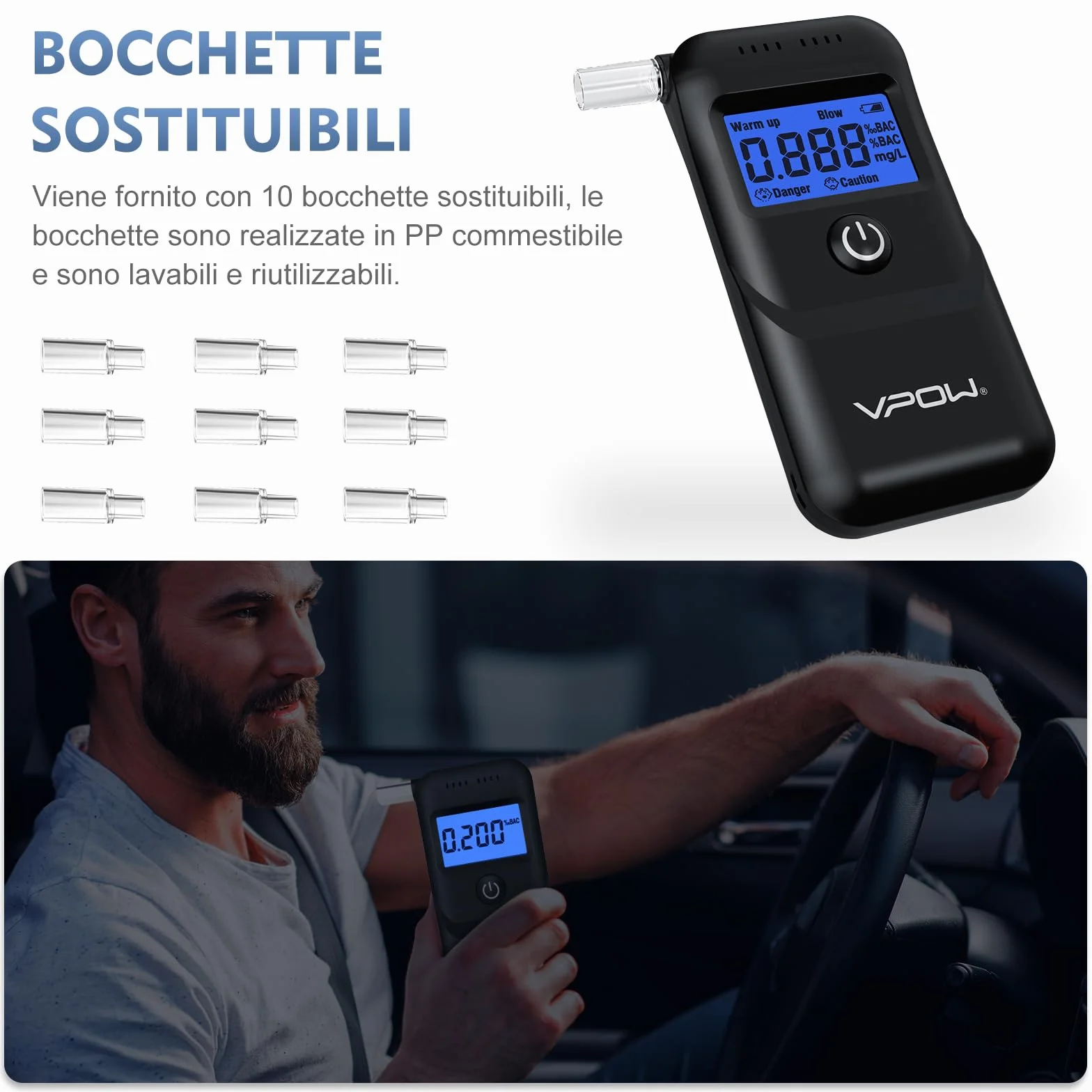 Etilometro Portatile Certificato VPOW con Display LCD Blu, Precisione di Grado, per Uso Domestico e Professionale - Nero Scuro
