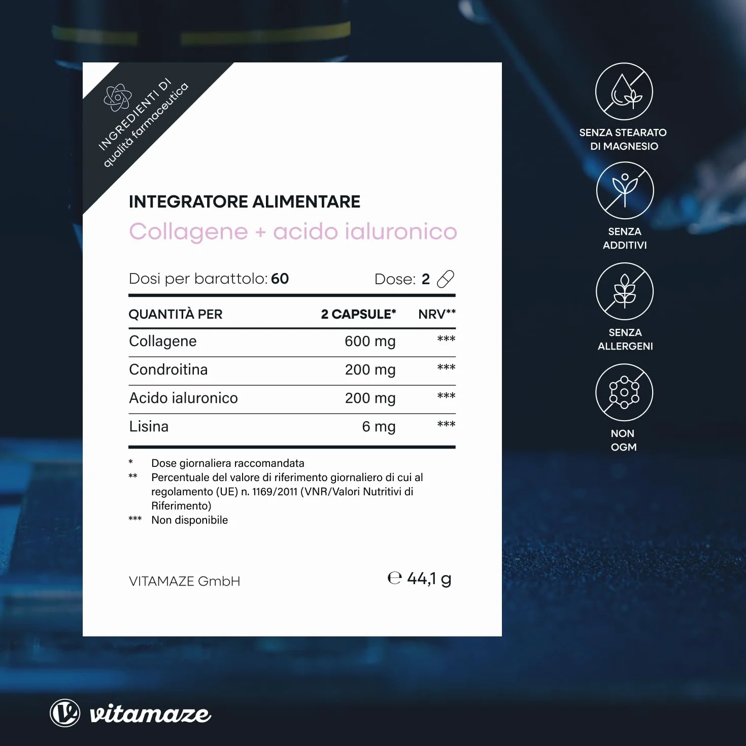 Vitamaze® Collagene con Acido Ialuronico + Condroitina + Lisina, 60 Capsule, Integratore per Pelle, Ossa e Articolazioni