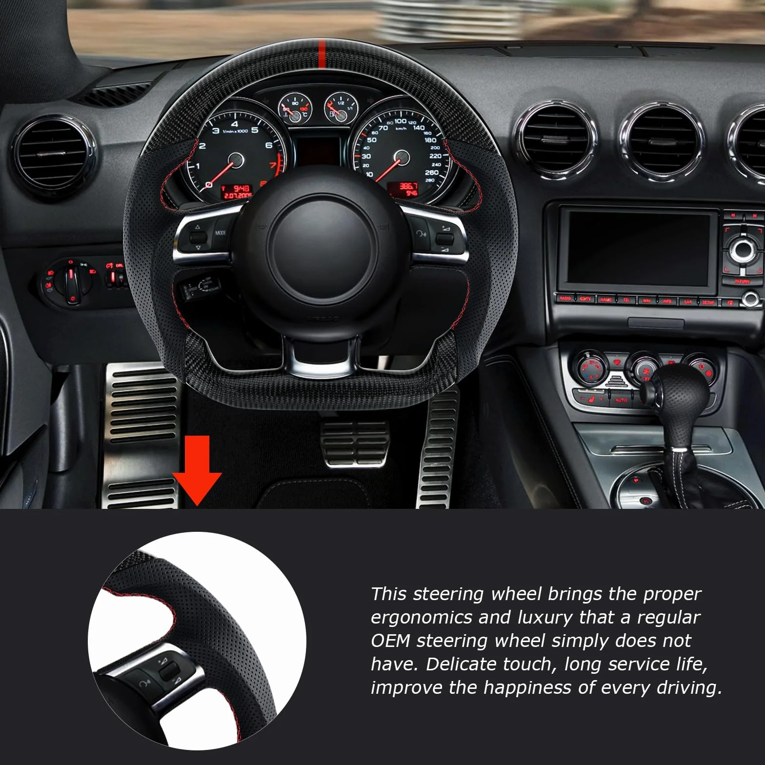 Volante in fibra di carbonio D piatto con cuciture rosse per Audi TT TTRS R8 2007-2015