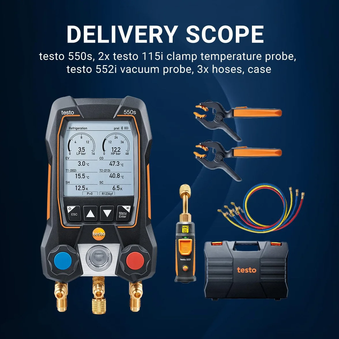Testo 550s Kit HVAC Digital Manifold with App, 2x Testo 115i Thermometers, 1x Testo 552i Micron Meter, 3 Hose Set, Bluetooth, Black