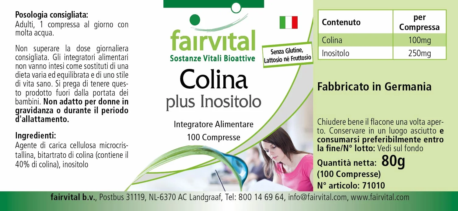 Fairvital Colina bitartrato più inositolo, 100 compresse, alto dosaggio, vegano