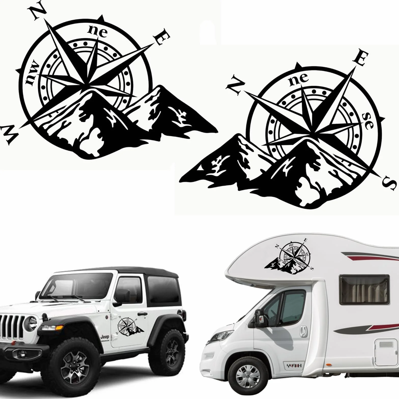 Adesivo Rosa dei Venti 2 Pezzi 27x21cm 40x32cm Adesivi per Camper Auto Moto Fuoristrada Stickers Dakar Esterni Grandi Nero
