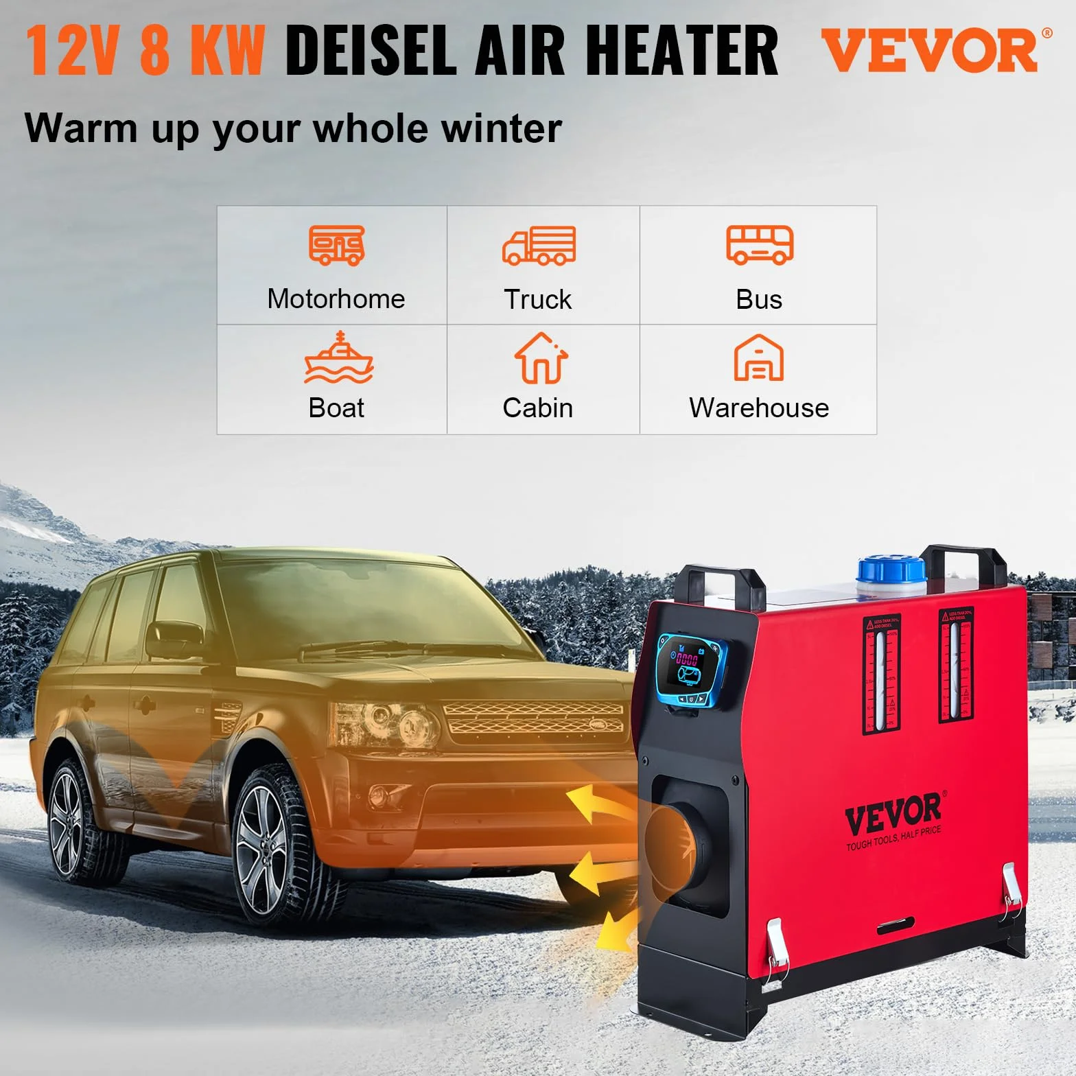 VEVOR Riscaldatore d’aria Diesel 12V 8KW Riscaldamento Autonomo Uscita Aria LCD Blu
