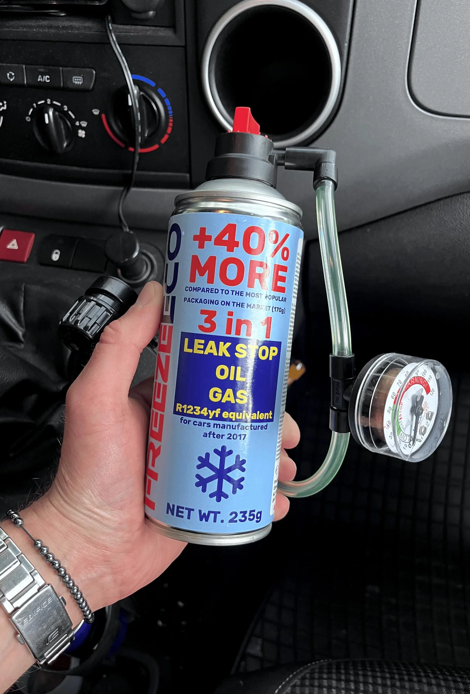 sostitutivo gas r1234yf, kit ricarica, ricarica aria condizionata auto, FREEZEECO 3in1 HOBBY con tubo flessibile integrato con manometro e adattatore