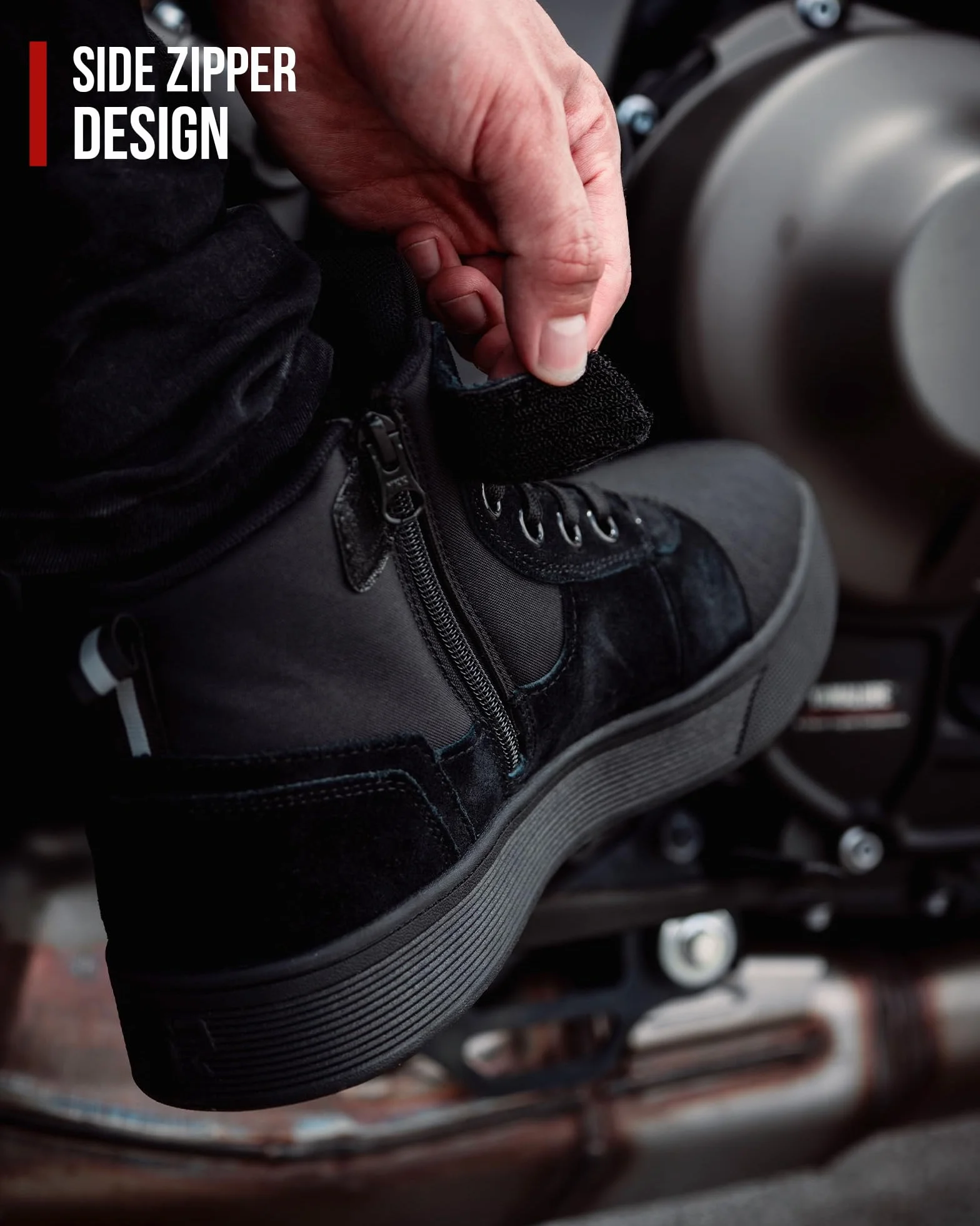 RIDEIRON Scarpe Moto Uomo Donna Conforme CE Stivali Moto,Antiscivolo Rinforzato Suola Ispessita Impermeabili Traspiranti alla Moda con Zip Laterale,Supporto alla Caviglia e Shift Pad Nero 42