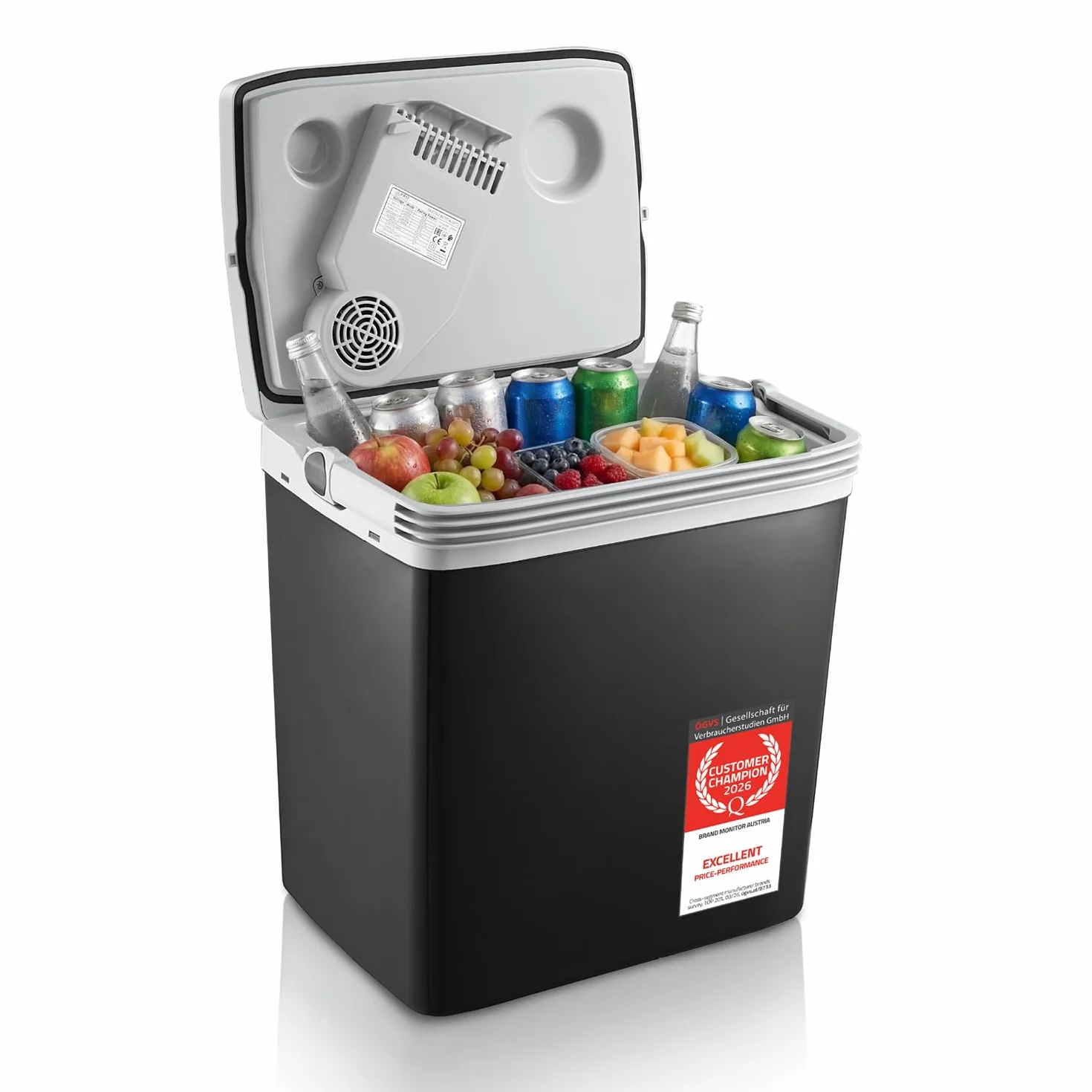 TZS First Austria - Frigo Portatile Elettrico 32L - Tripla Alimentazione con USB-C PD 3.0 - Raffreddamento e Riscaldamento - 12V/230V/USB-C - Minibar - Nero/Grigio