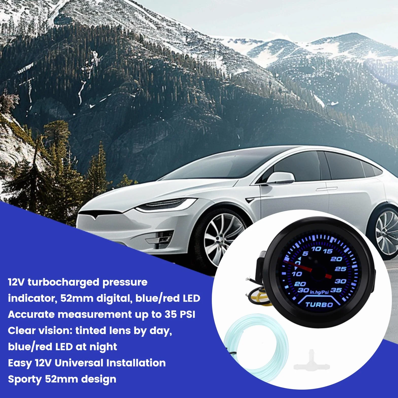 Manometro Digitale, Manometro Turbo 12V 52mm/2in 35PSI Display Digitale Blu Rosso LED Modifica Universale