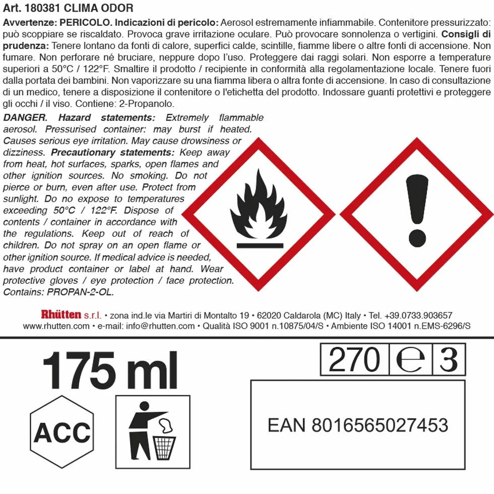 Clima Odor Detergente Igienizzante e Disodorante per Clima Auto, 175ml