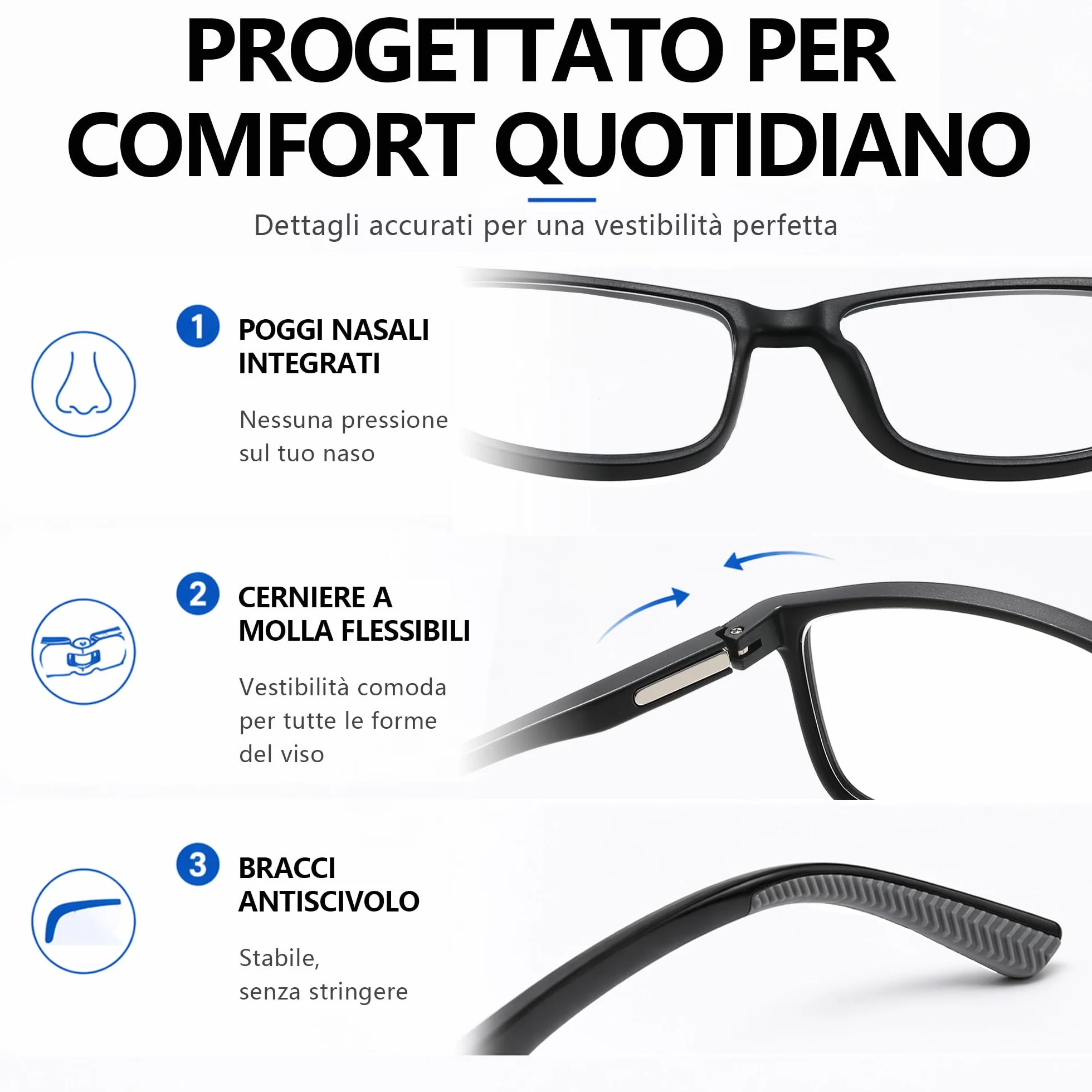 Occhiali da Lettura Anti-Luce Blu con Cerniere a Molla e Design Antiscivolo – 3 Paia