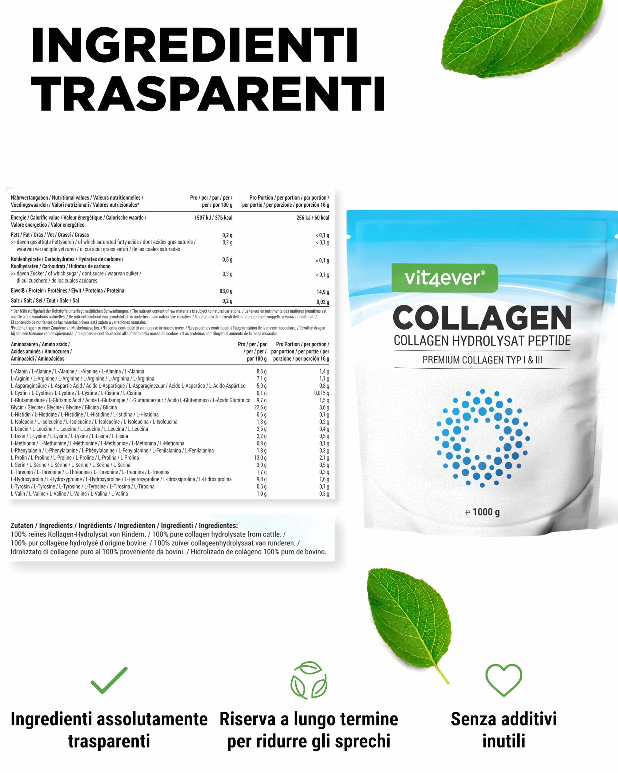 Collagene in Polvere 1000 g - Peptidi Idrolizzati Bioattivi Tipi 1 e 3 - Sapore Neutro