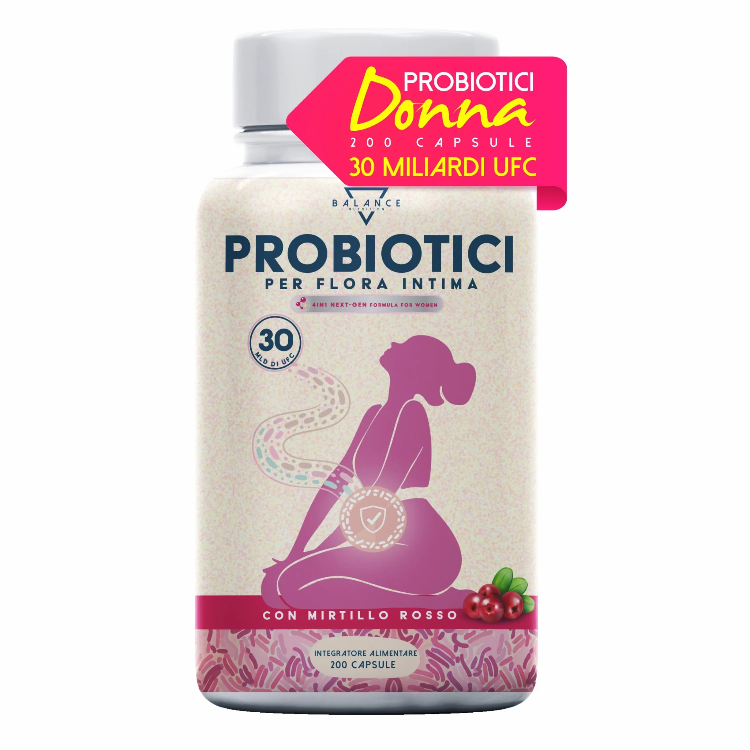 Probiotici e Prebiotici per la Flora Intima 200 Capsule 30 Miliardi CFU/giorno Lactobacillus Rhamnosus Reuteri Crispatus Fermentum Mirtillo Rosso