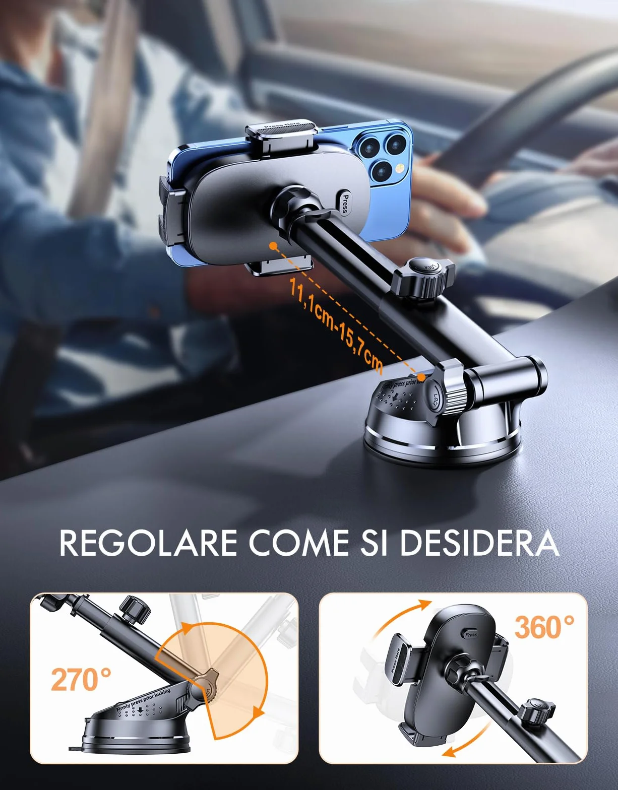 Mohard Porta Cellulare Auto, Mai Cadere Supporto Telefono Auto Cruscotto Ultra Robusto, Rilascio Rapido & 360° Ruotabile Ventosa Porta Telefono Set Interni Automobile Universale per Smartphone da 4-7"