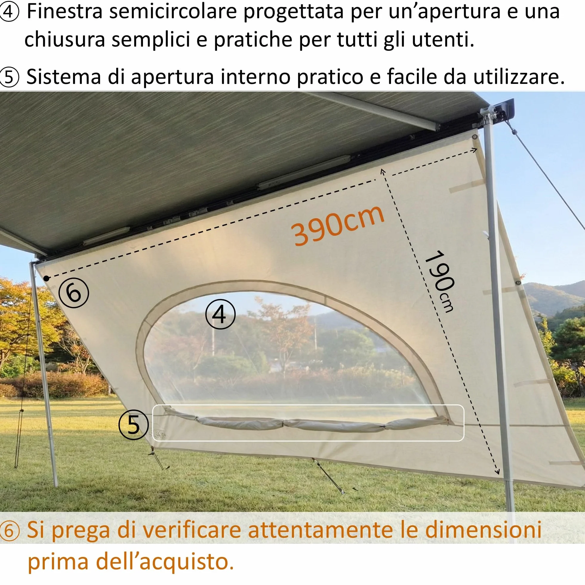 Fiamma F45 AIRIS Parete Anteriore Tenda da Sole Camper 390x190 cm Tessuto Misto Cotone Avorio Impermeabile Protezione UV